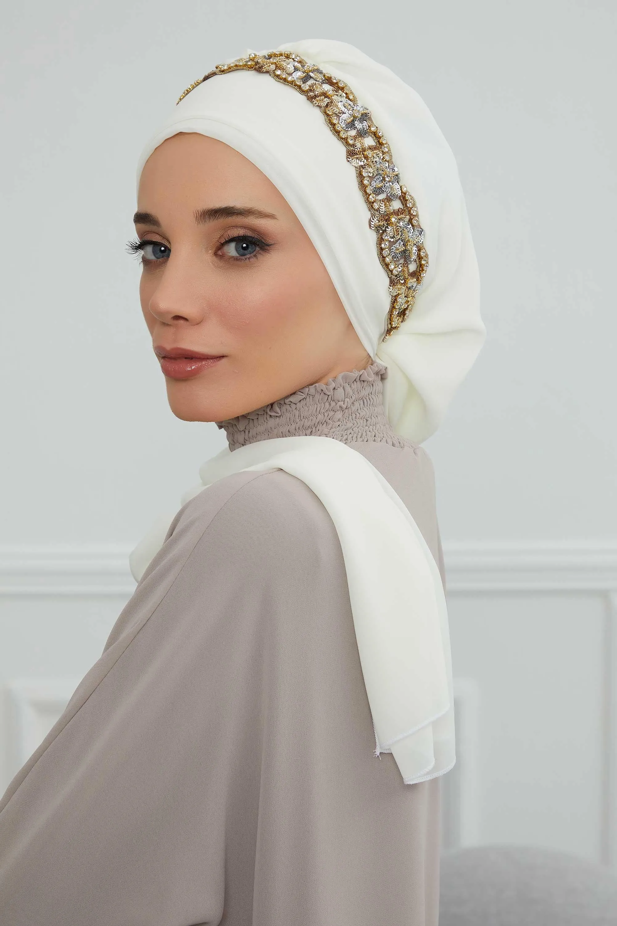 Glamorous Chiffon Instant Turban with Gold & Silver Embellishments, Wedding Instant Turban with Sparkling Headband for Special Events,HT-101