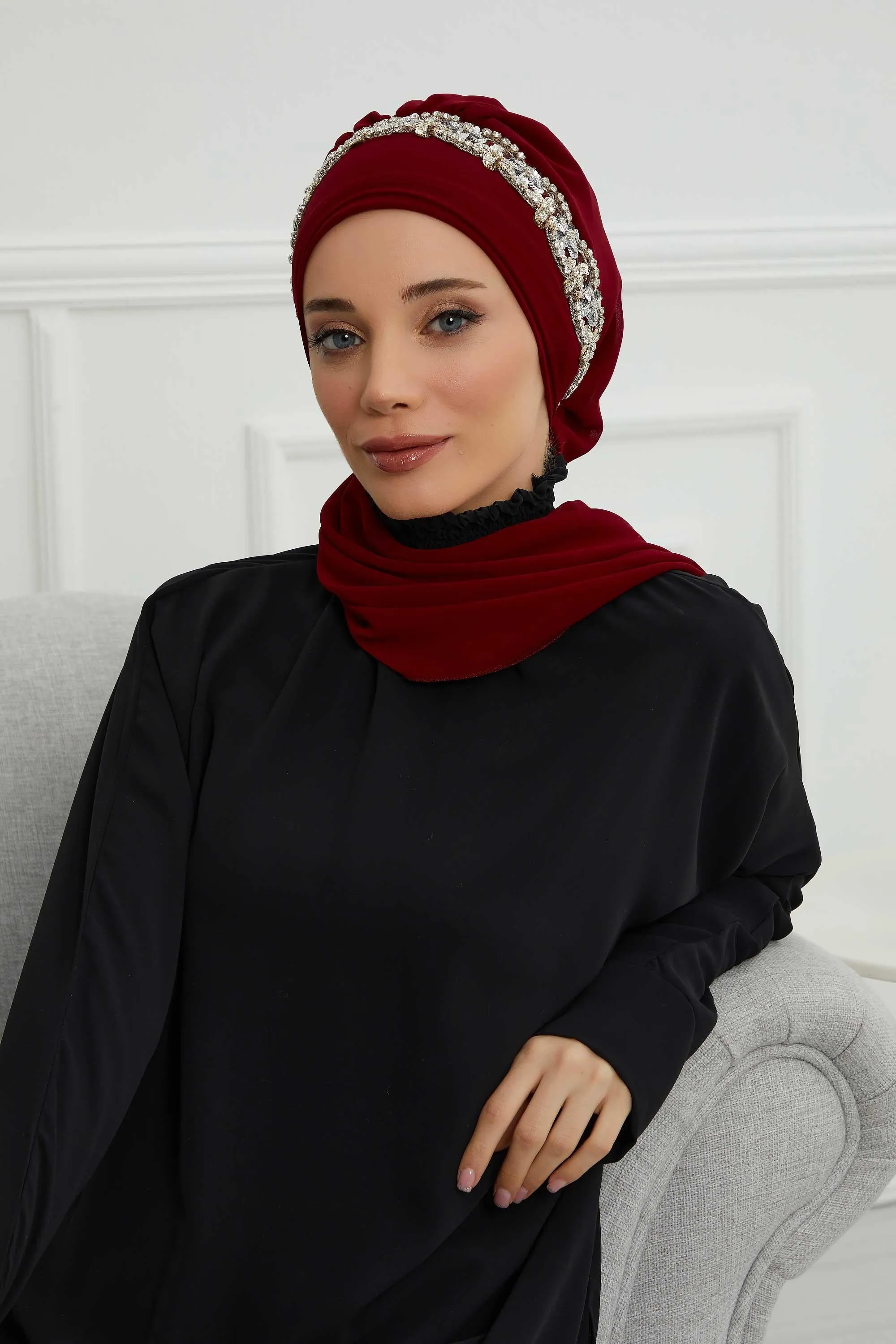 Glamorous Chiffon Instant Turban with Gold & Silver Embellishments, Wedding Instant Turban with Sparkling Headband for Special Events,HT-101