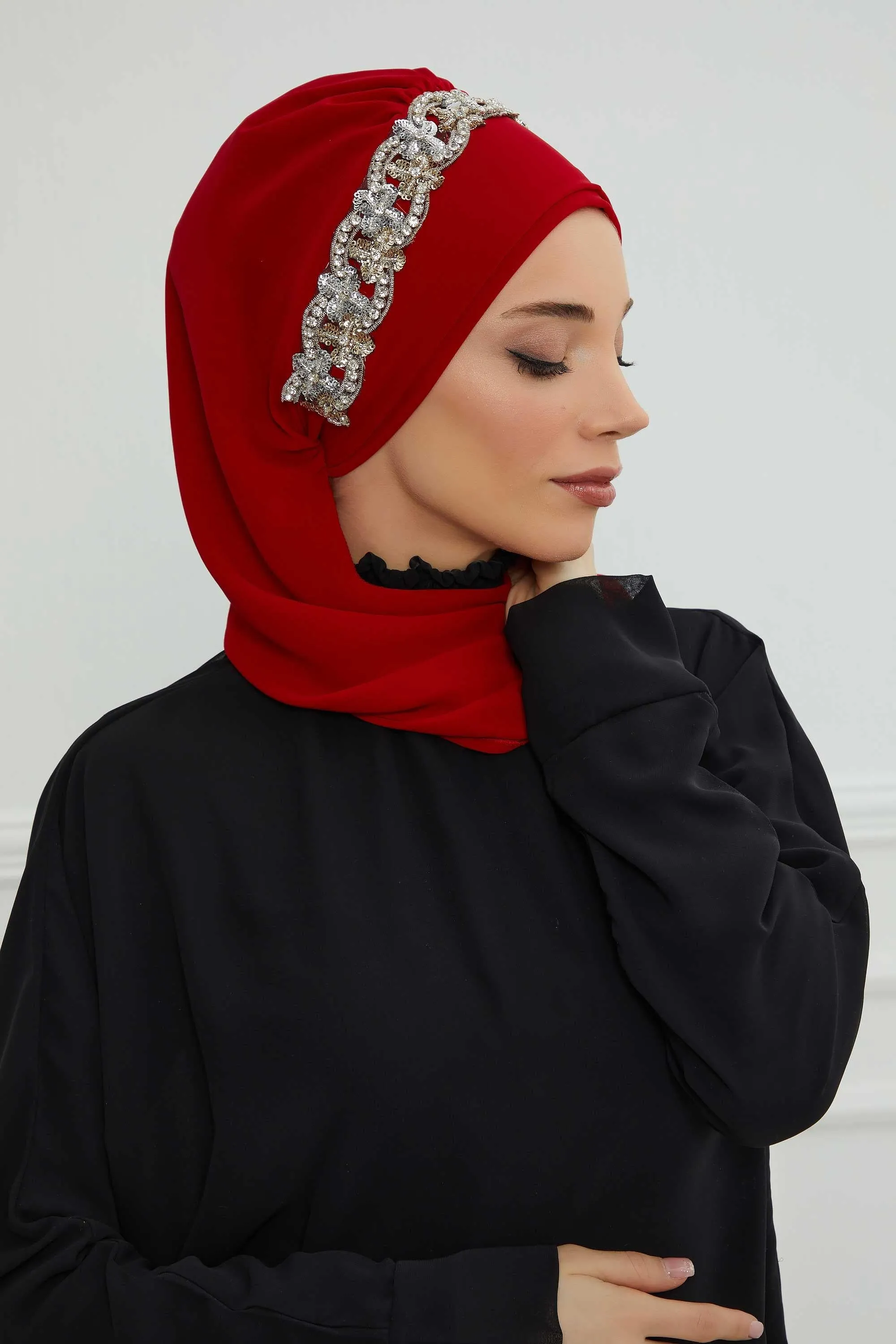 Glamorous Chiffon Instant Turban with Gold & Silver Embellishments, Wedding Instant Turban with Sparkling Headband for Special Events,HT-101