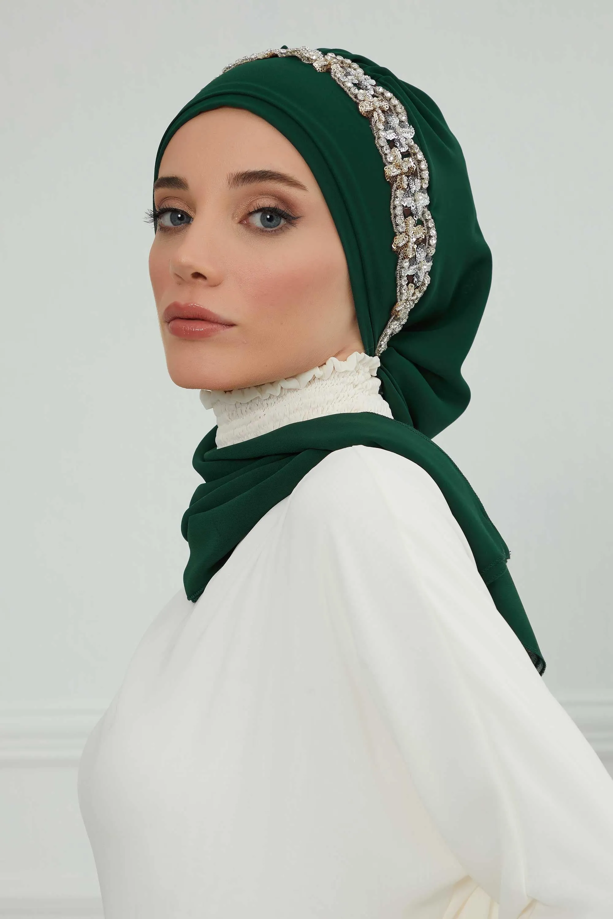 Glamorous Chiffon Instant Turban with Gold & Silver Embellishments, Wedding Instant Turban with Sparkling Headband for Special Events,HT-101