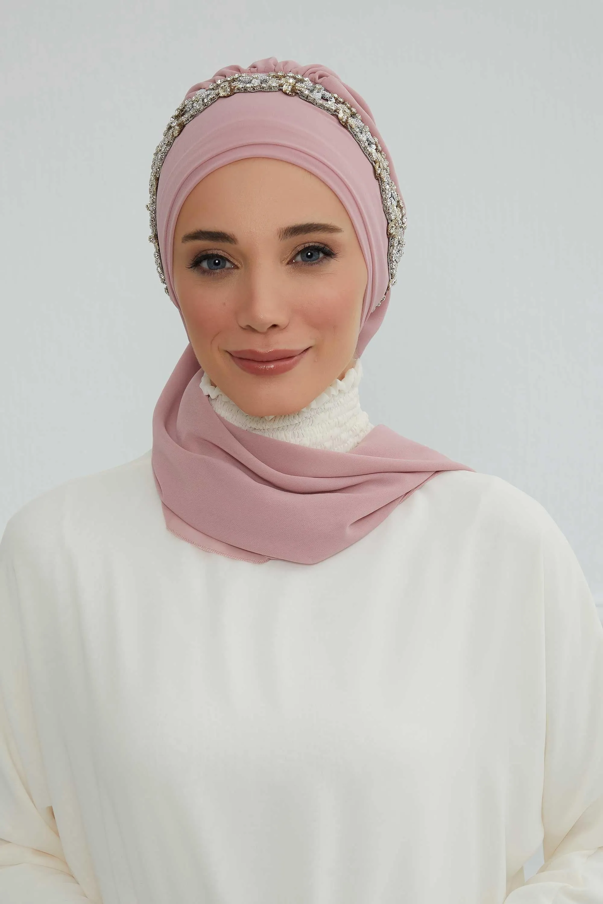 Glamorous Chiffon Instant Turban with Gold & Silver Embellishments, Wedding Instant Turban with Sparkling Headband for Special Events,HT-101