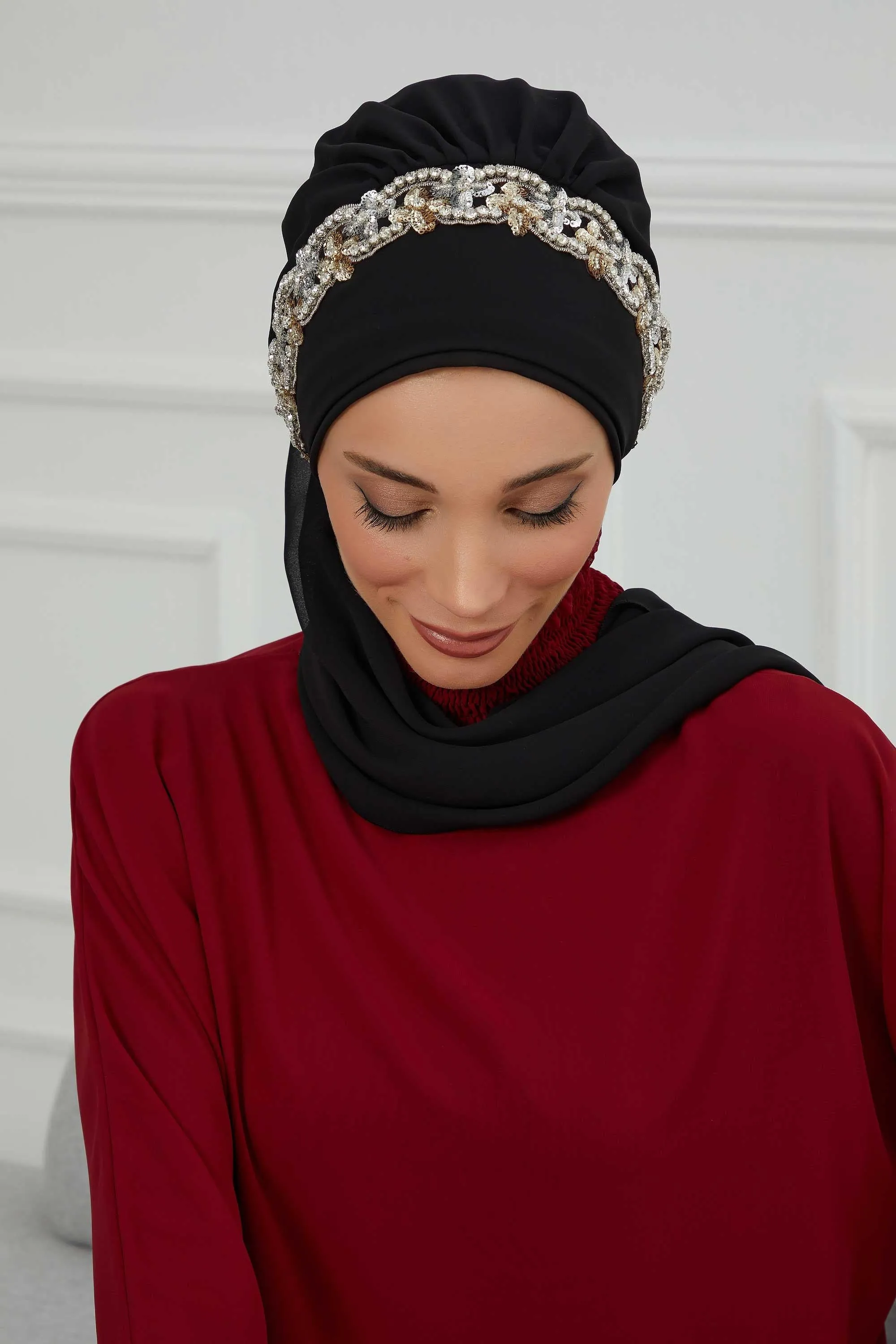 Glamorous Chiffon Instant Turban with Gold & Silver Embellishments, Wedding Instant Turban with Sparkling Headband for Special Events,HT-101