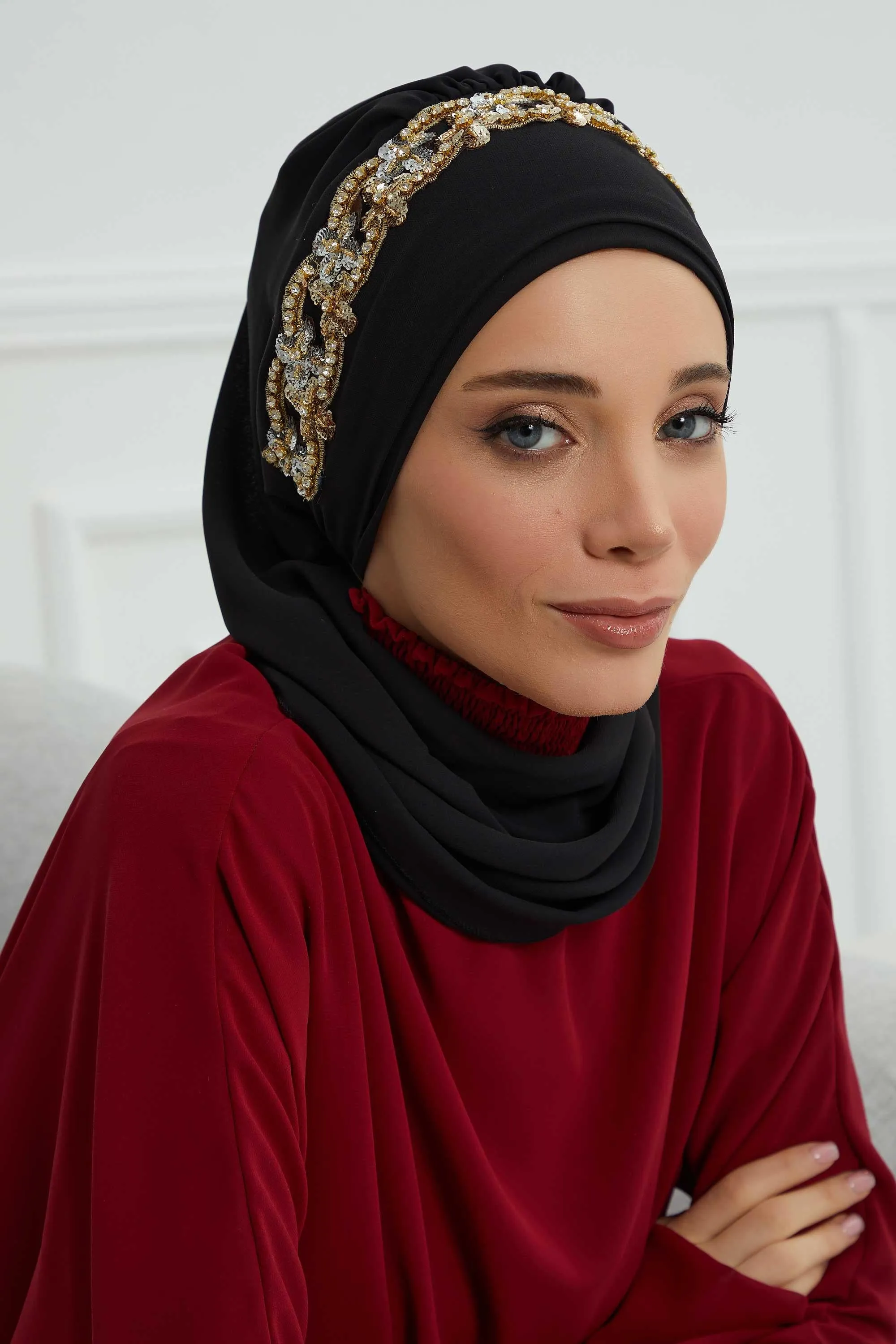 Glamorous Chiffon Instant Turban with Gold & Silver Embellishments, Wedding Instant Turban with Sparkling Headband for Special Events,HT-101