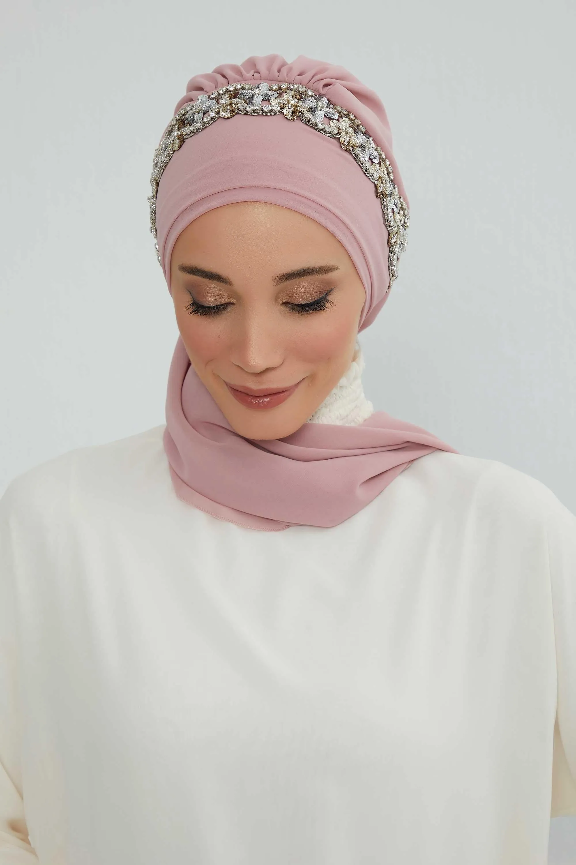 Glamorous Chiffon Instant Turban with Gold & Silver Embellishments, Wedding Instant Turban with Sparkling Headband for Special Events,HT-101