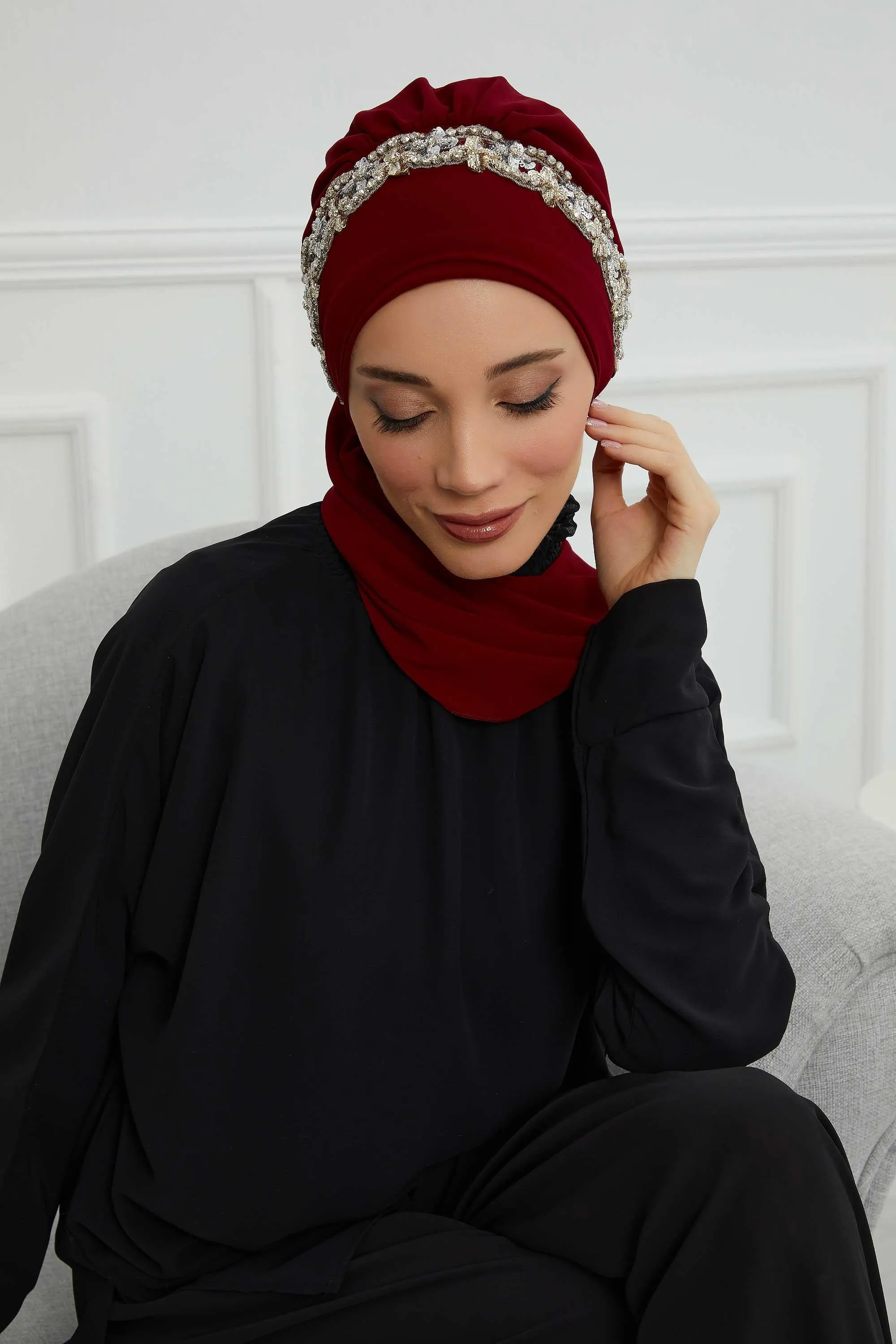 Glamorous Chiffon Instant Turban with Gold & Silver Embellishments, Wedding Instant Turban with Sparkling Headband for Special Events,HT-101