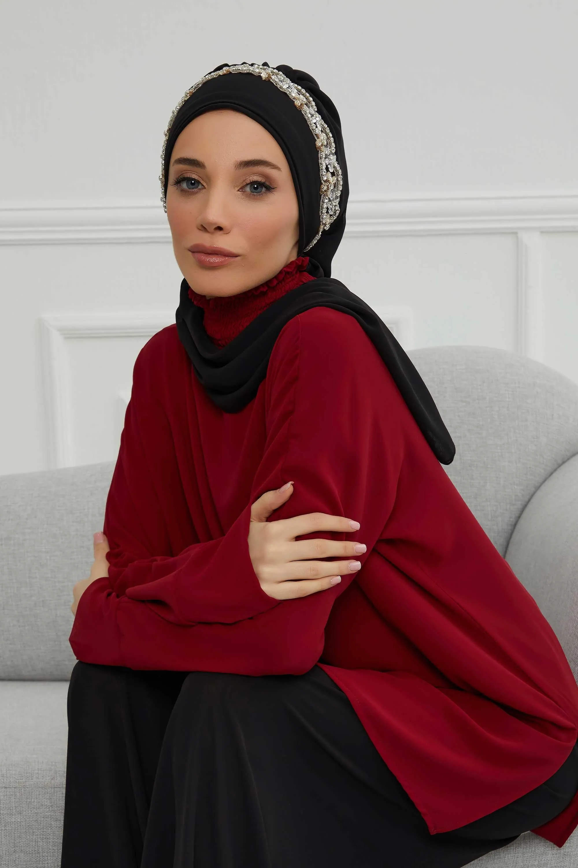 Glamorous Chiffon Instant Turban with Gold & Silver Embellishments, Wedding Instant Turban with Sparkling Headband for Special Events,HT-101