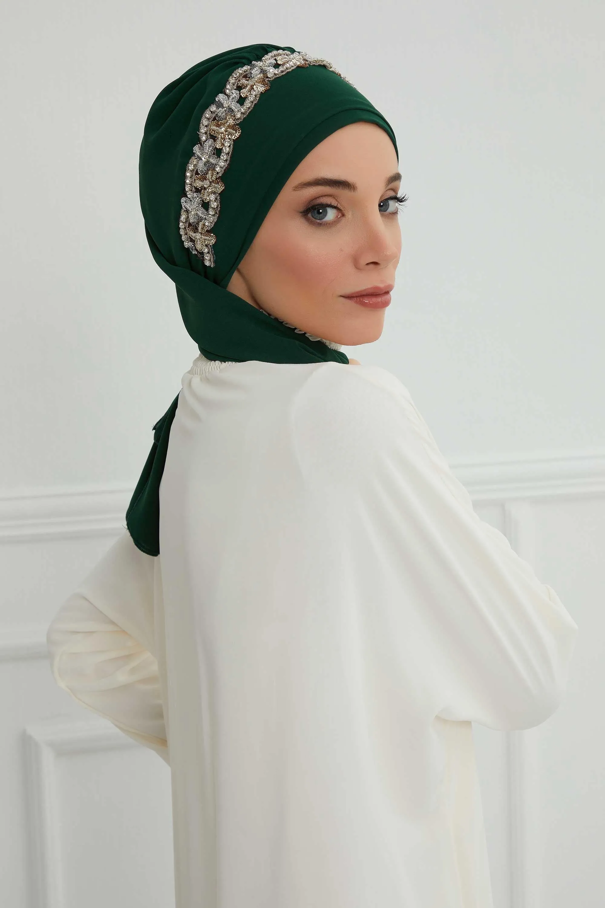 Glamorous Chiffon Instant Turban with Gold & Silver Embellishments, Wedding Instant Turban with Sparkling Headband for Special Events,HT-101