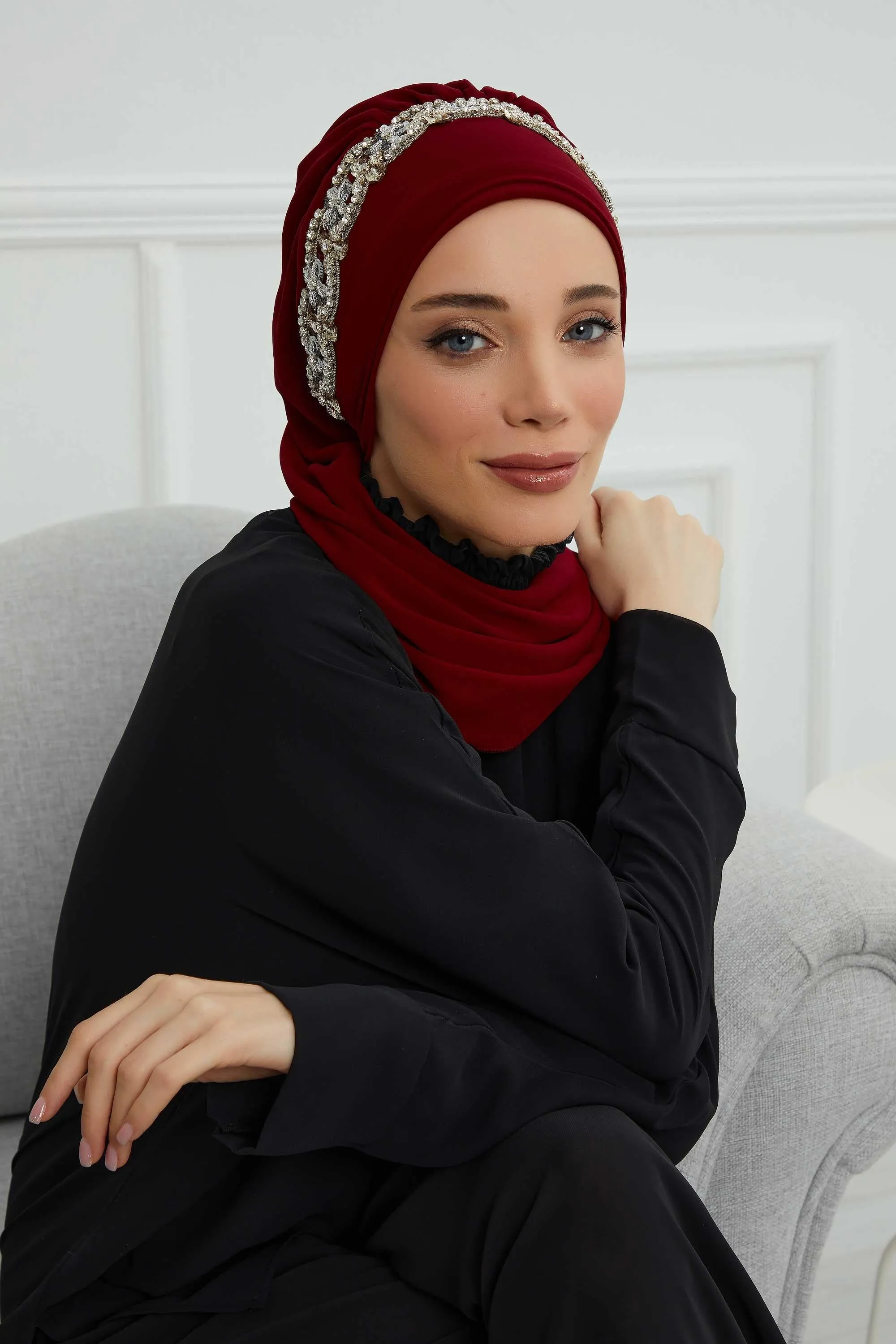 Glamorous Chiffon Instant Turban with Gold & Silver Embellishments, Wedding Instant Turban with Sparkling Headband for Special Events,HT-101