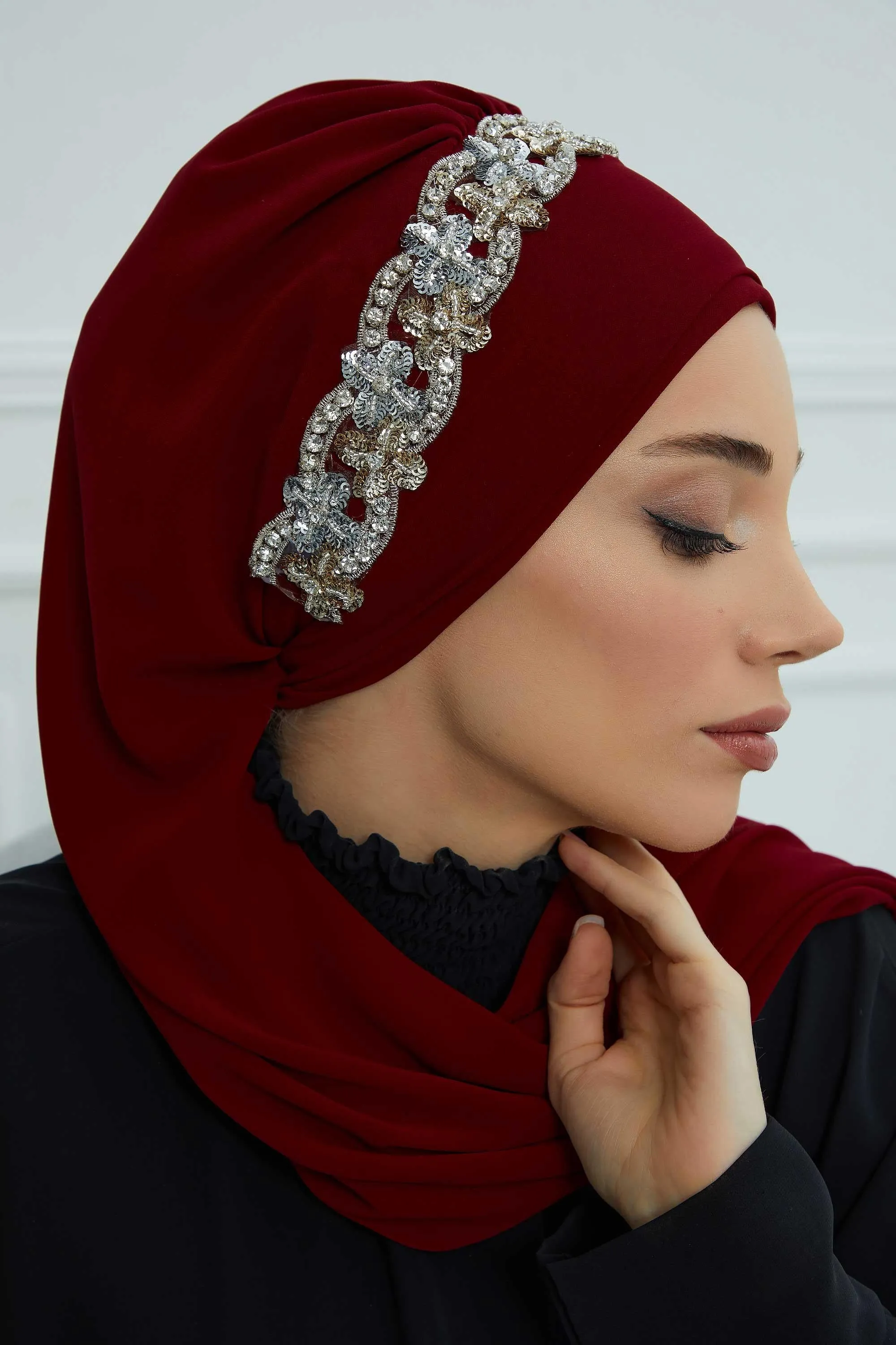 Glamorous Chiffon Instant Turban with Gold & Silver Embellishments, Wedding Instant Turban with Sparkling Headband for Special Events,HT-101
