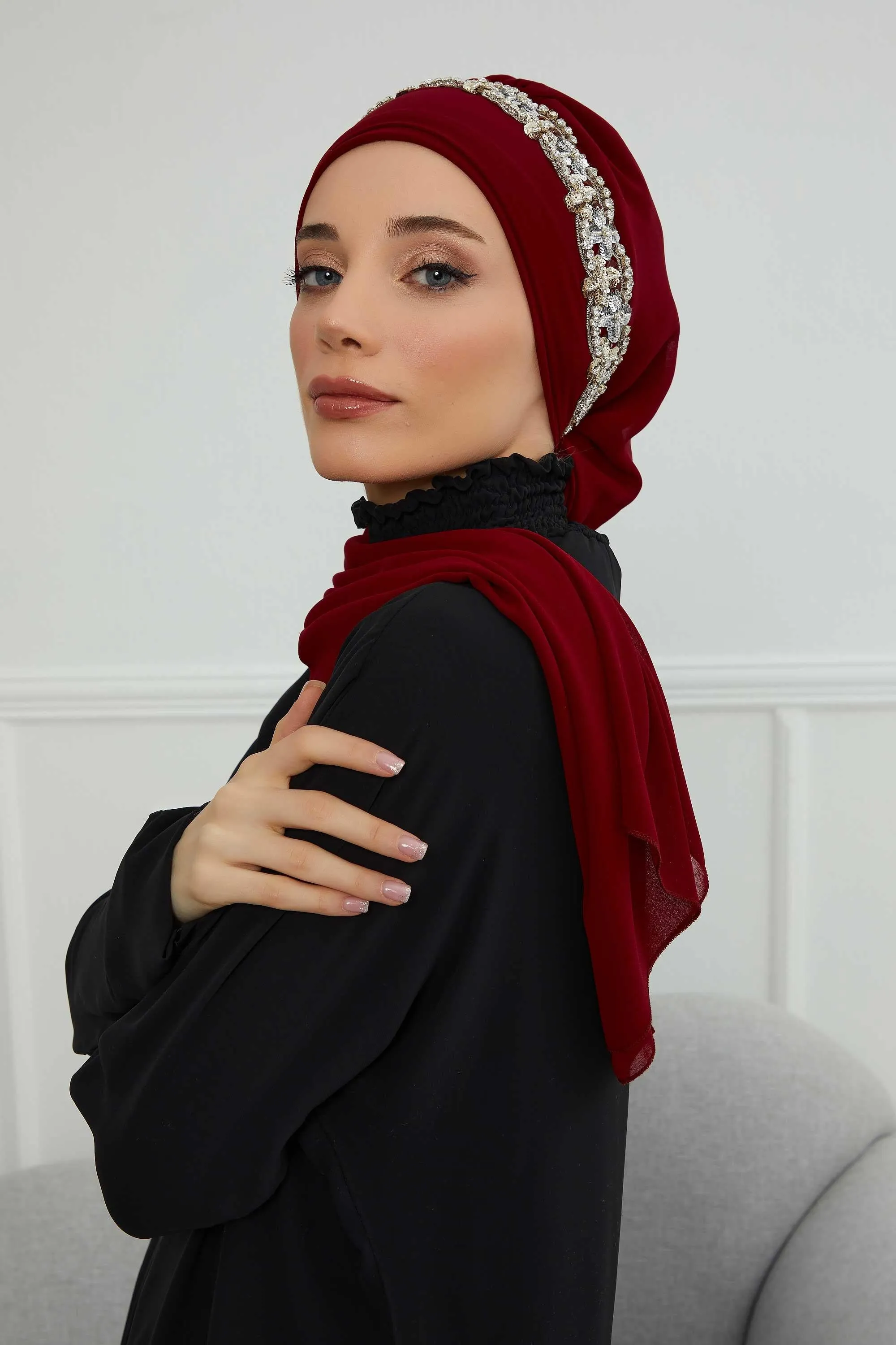 Glamorous Chiffon Instant Turban with Gold & Silver Embellishments, Wedding Instant Turban with Sparkling Headband for Special Events,HT-101