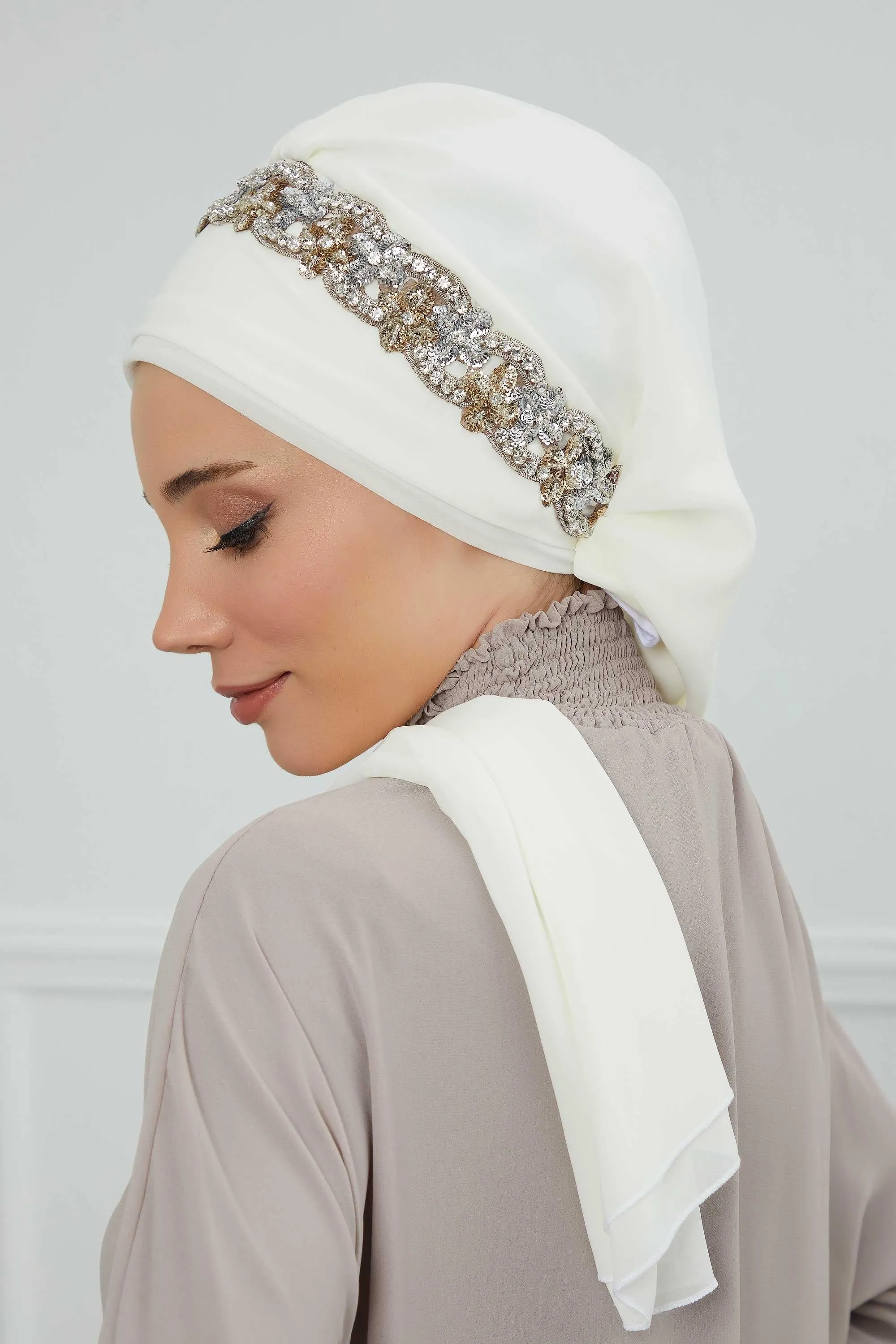 Glamorous Chiffon Instant Turban with Gold & Silver Embellishments, Wedding Instant Turban with Sparkling Headband for Special Events,HT-101
