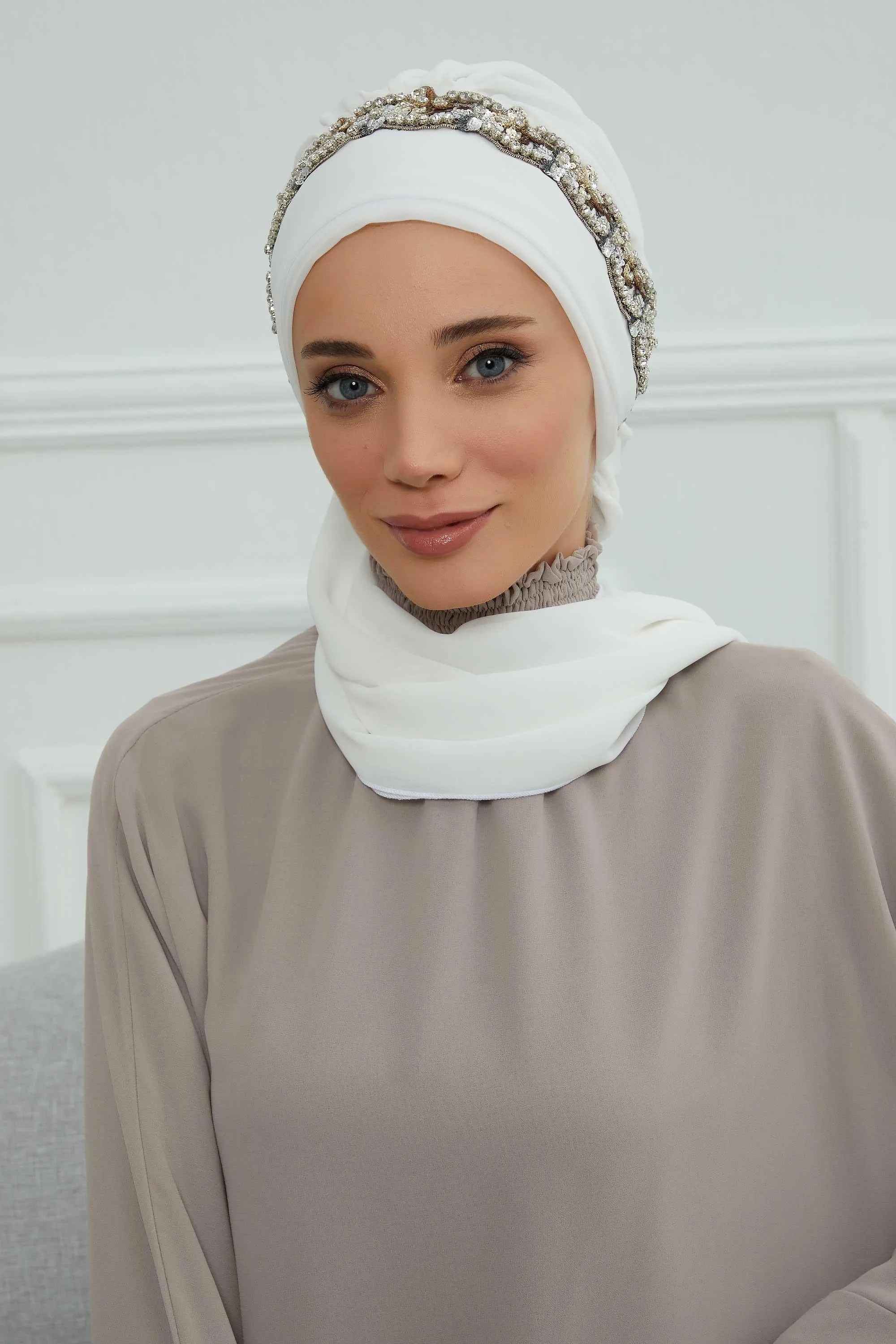 Glamorous Chiffon Instant Turban with Gold & Silver Embellishments, Wedding Instant Turban with Sparkling Headband for Special Events,HT-101