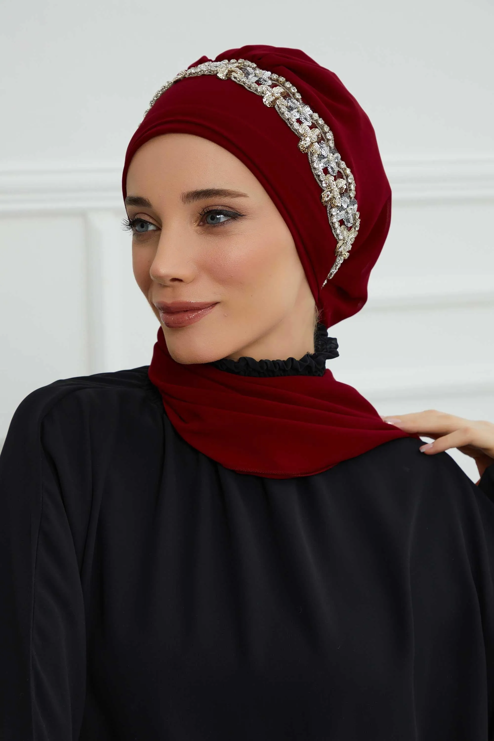 Glamorous Chiffon Instant Turban with Gold & Silver Embellishments, Wedding Instant Turban with Sparkling Headband for Special Events,HT-101