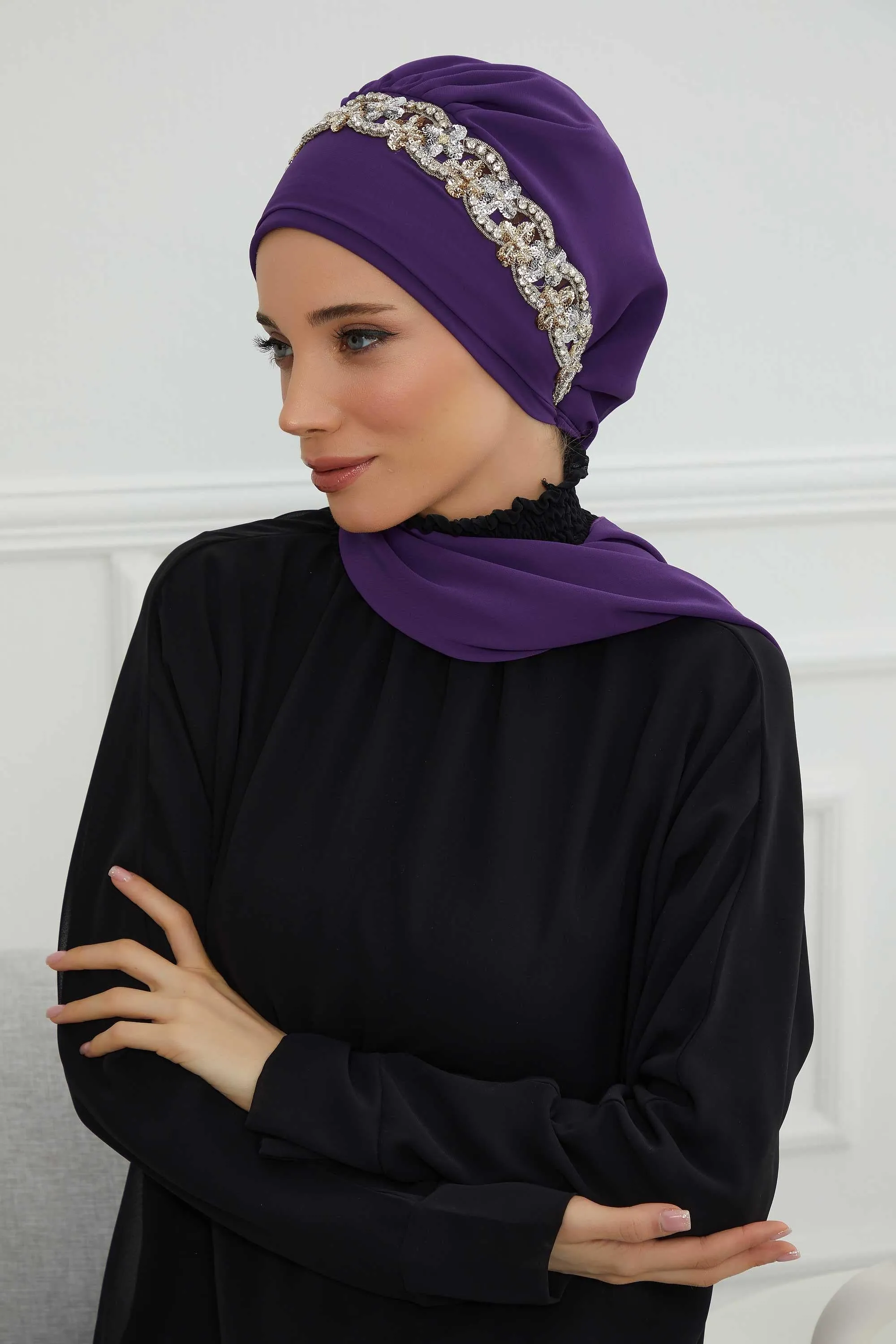 Glamorous Chiffon Instant Turban with Gold & Silver Embellishments, Wedding Instant Turban with Sparkling Headband for Special Events,HT-101
