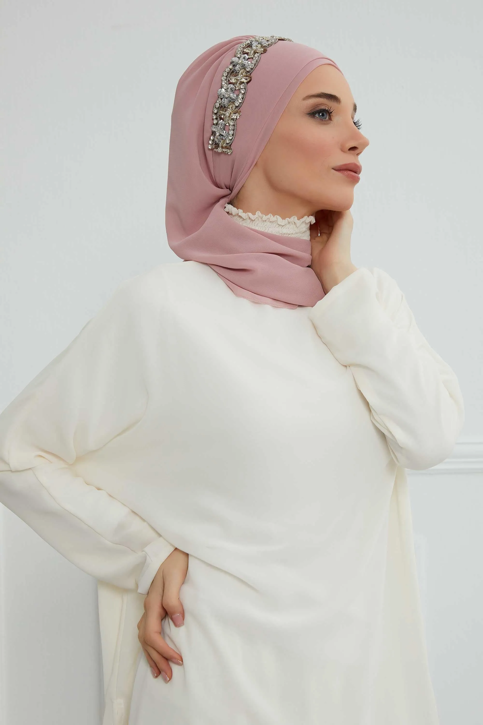 Glamorous Chiffon Instant Turban with Gold & Silver Embellishments, Wedding Instant Turban with Sparkling Headband for Special Events,HT-101
