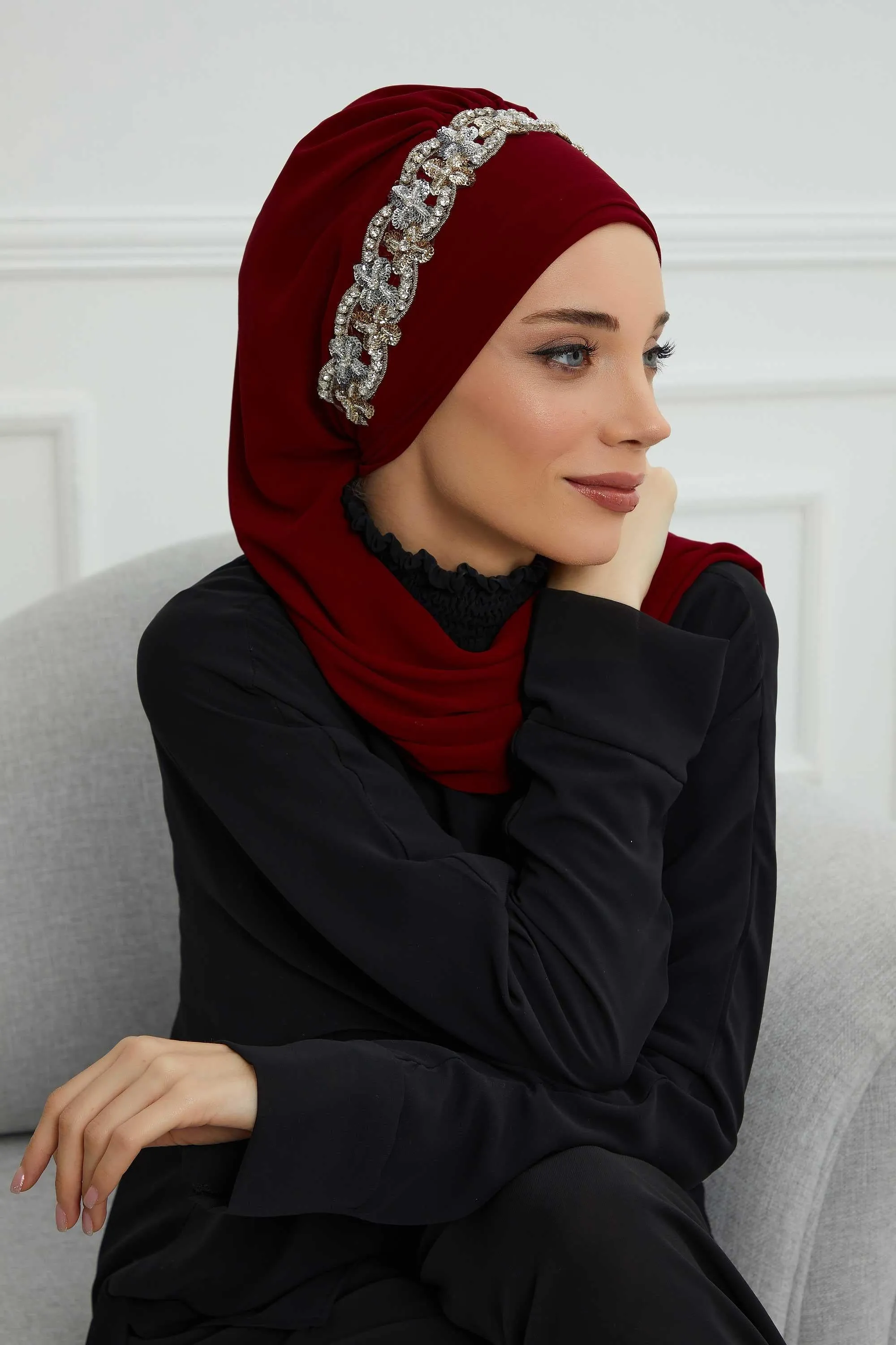 Glamorous Chiffon Instant Turban with Gold & Silver Embellishments, Wedding Instant Turban with Sparkling Headband for Special Events,HT-101