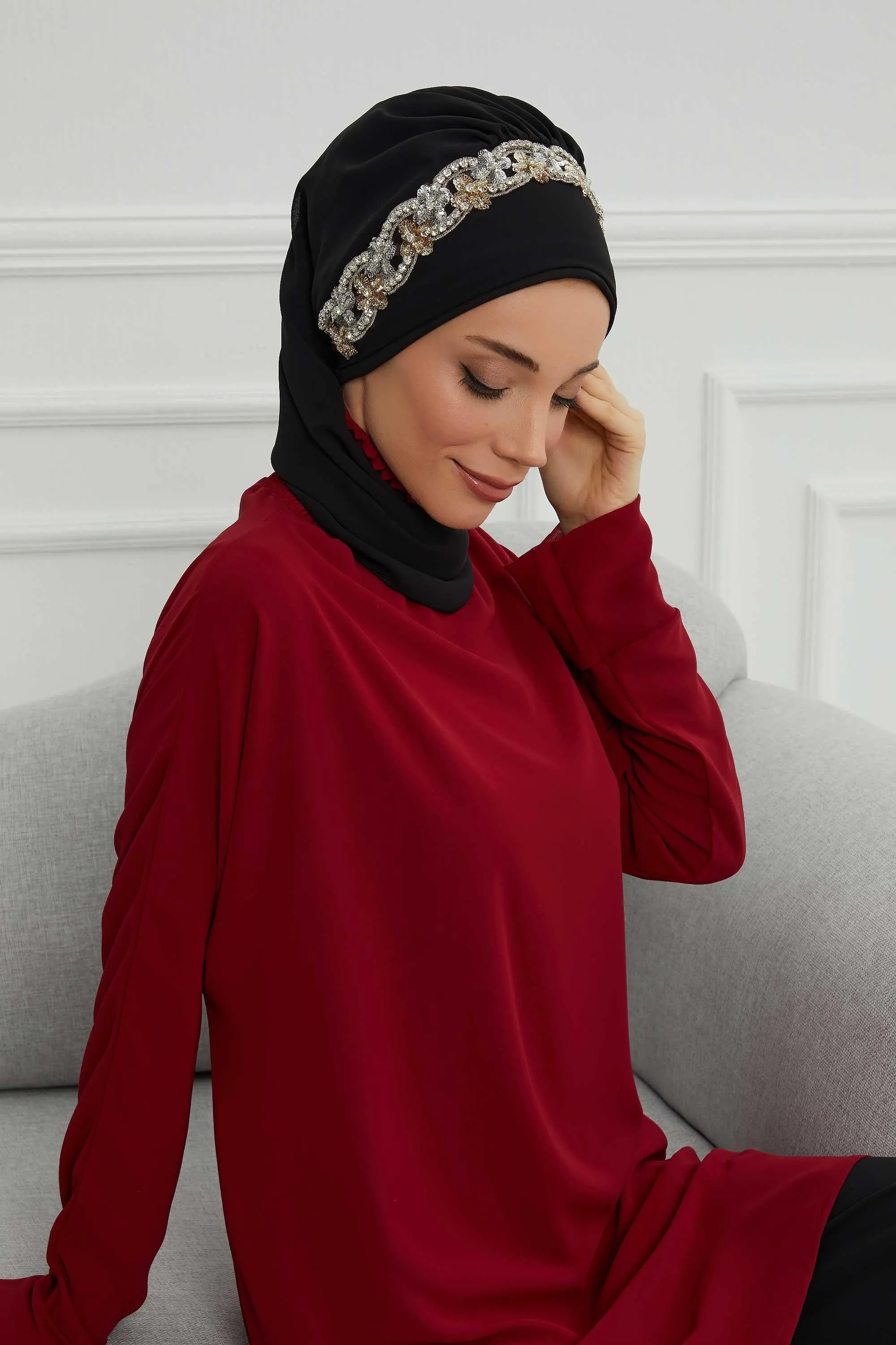 Glamorous Chiffon Instant Turban with Gold & Silver Embellishments, Wedding Instant Turban with Sparkling Headband for Special Events,HT-101