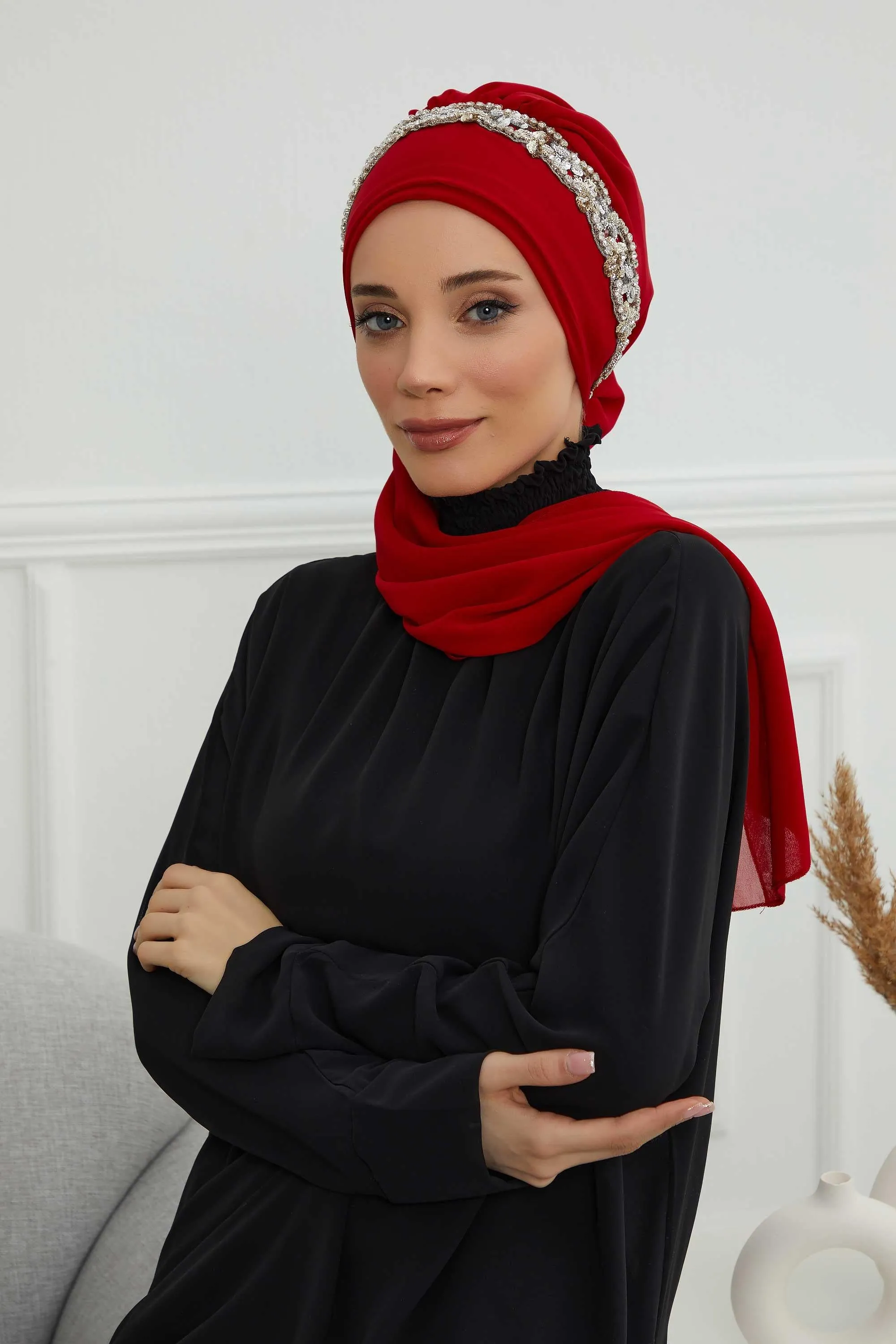 Glamorous Chiffon Instant Turban with Gold & Silver Embellishments, Wedding Instant Turban with Sparkling Headband for Special Events,HT-101
