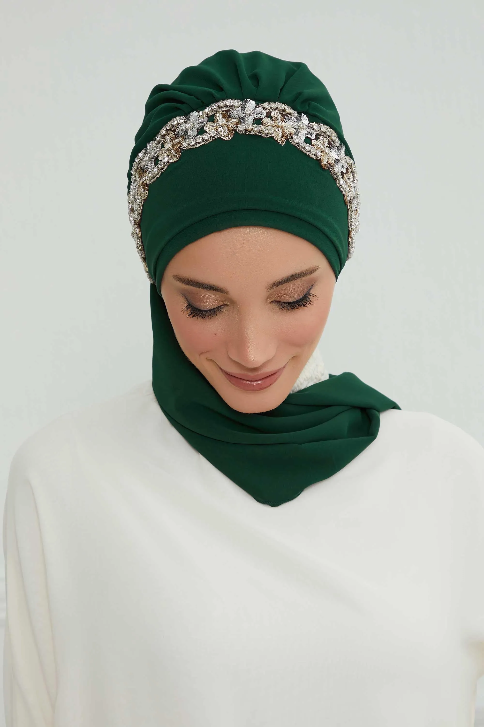 Glamorous Chiffon Instant Turban with Gold & Silver Embellishments, Wedding Instant Turban with Sparkling Headband for Special Events,HT-101