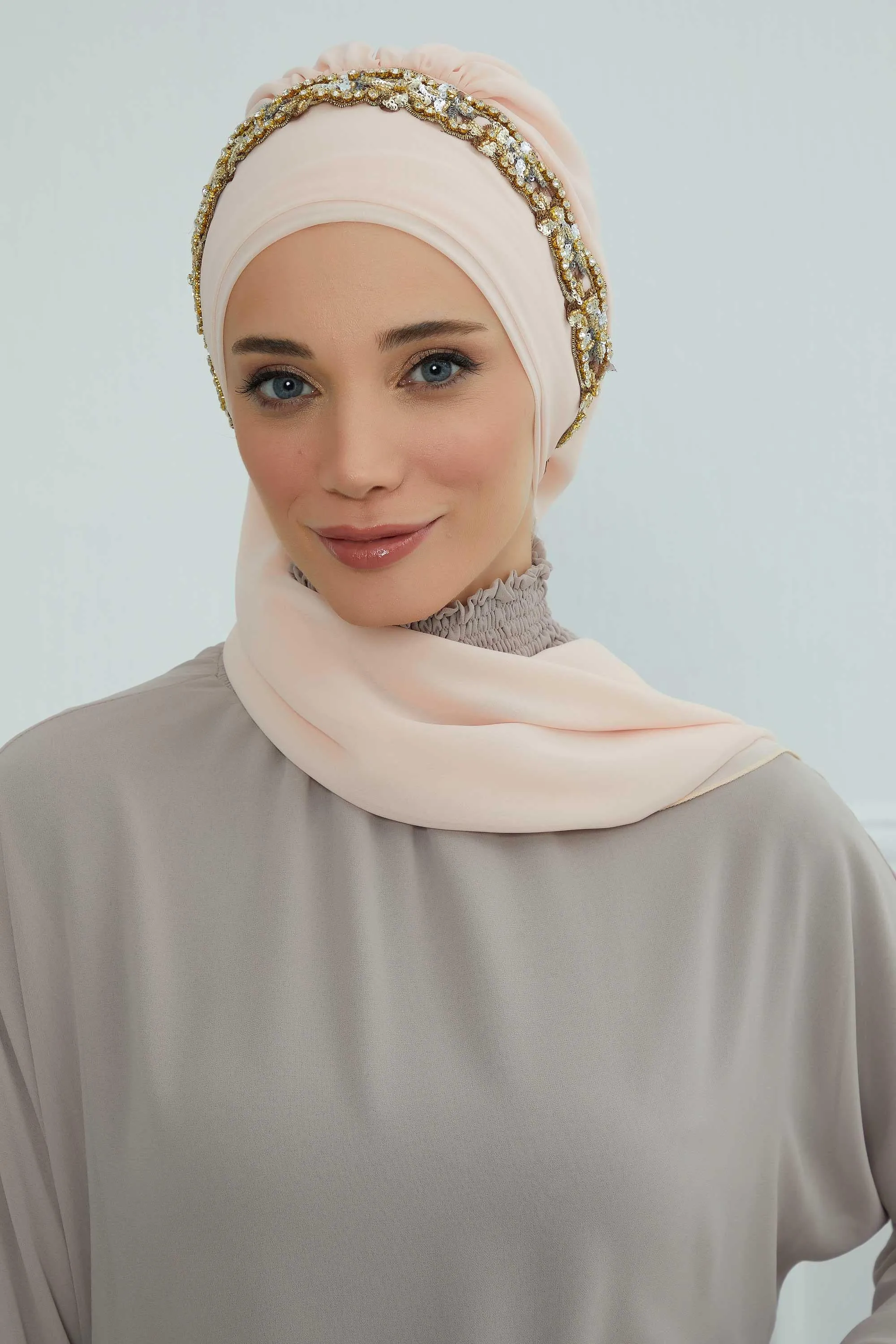 Glamorous Chiffon Instant Turban with Gold & Silver Embellishments, Wedding Instant Turban with Sparkling Headband for Special Events,HT-101