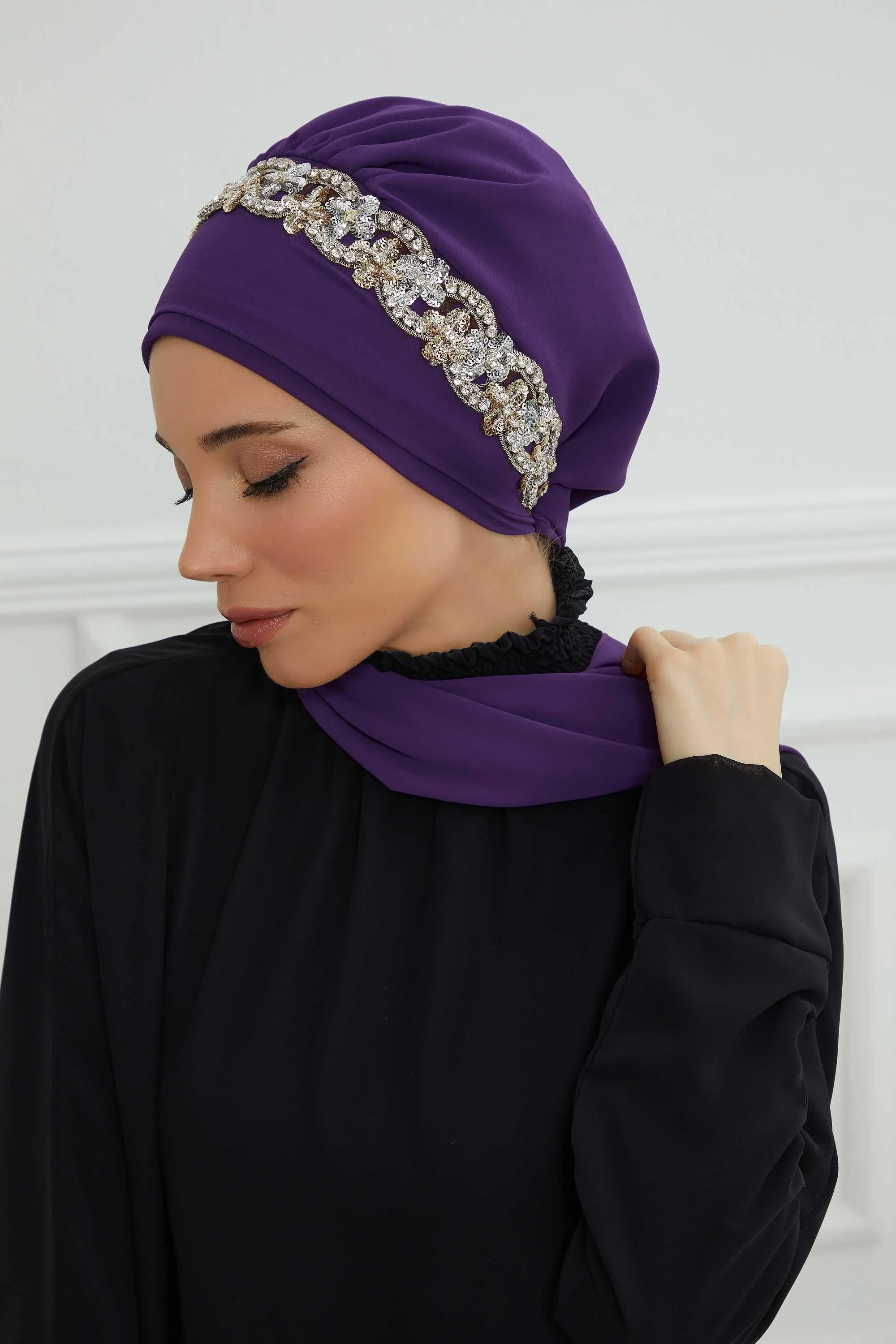 Glamorous Chiffon Instant Turban with Gold & Silver Embellishments, Wedding Instant Turban with Sparkling Headband for Special Events,HT-101