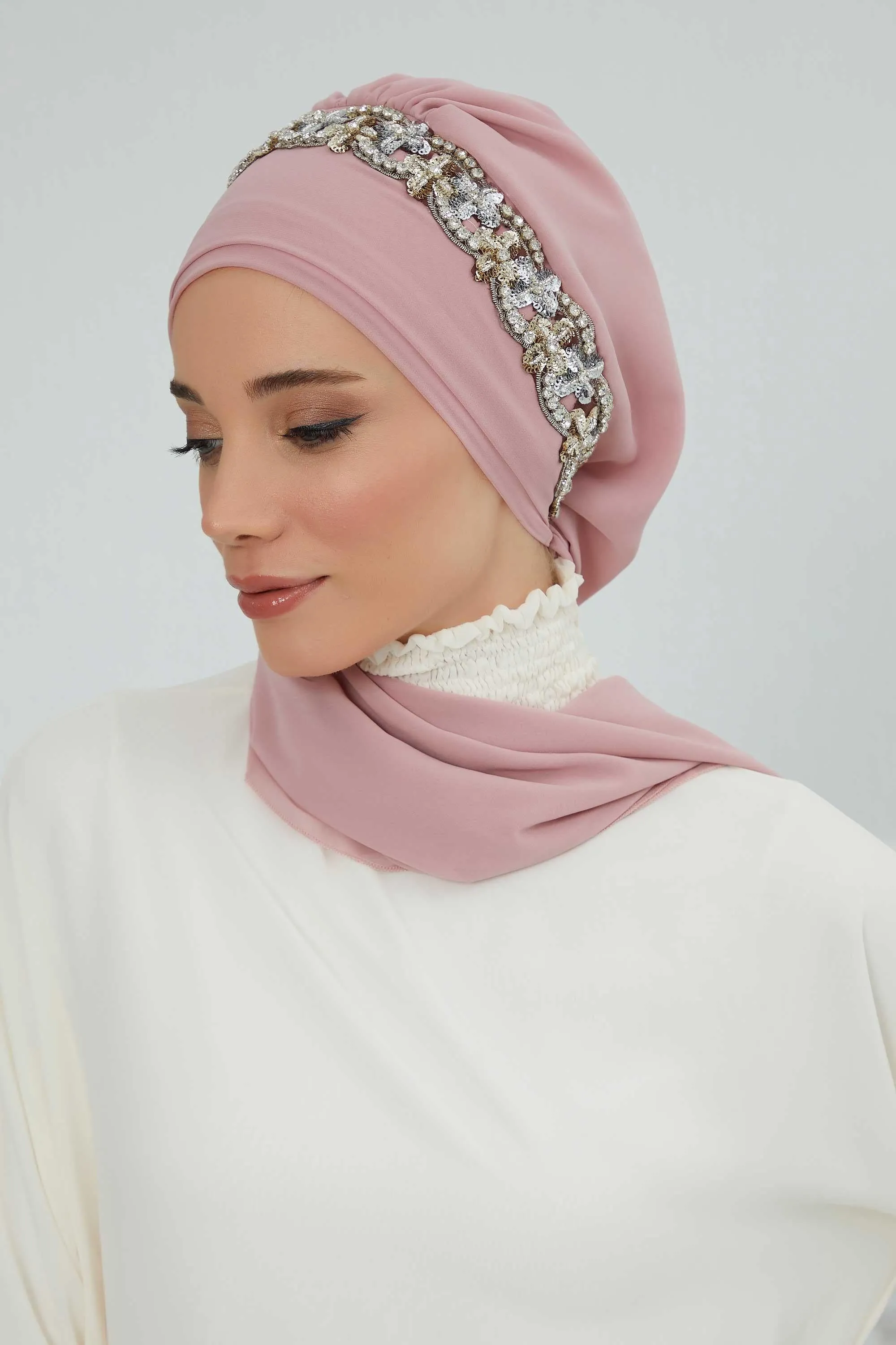 Glamorous Chiffon Instant Turban with Gold & Silver Embellishments, Wedding Instant Turban with Sparkling Headband for Special Events,HT-101