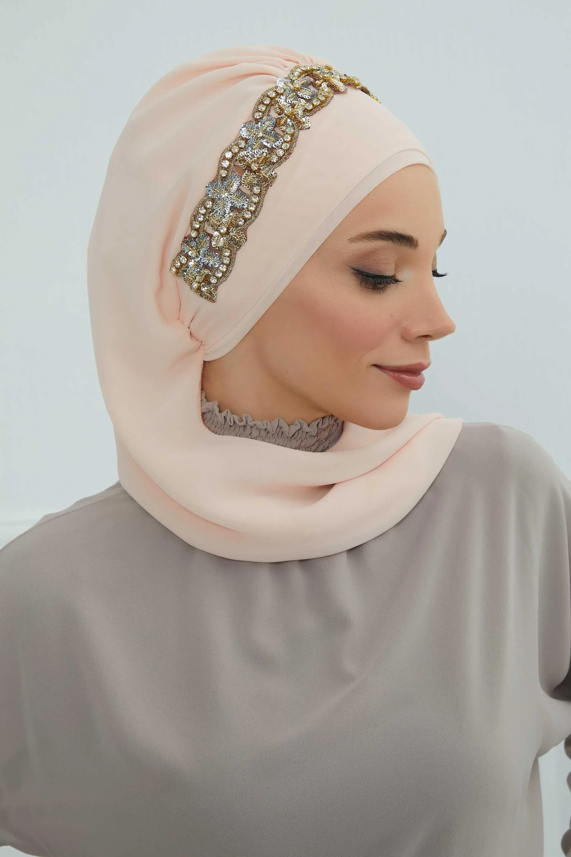 Glamorous Chiffon Instant Turban with Gold & Silver Embellishments, Wedding Instant Turban with Sparkling Headband for Special Events,HT-101
