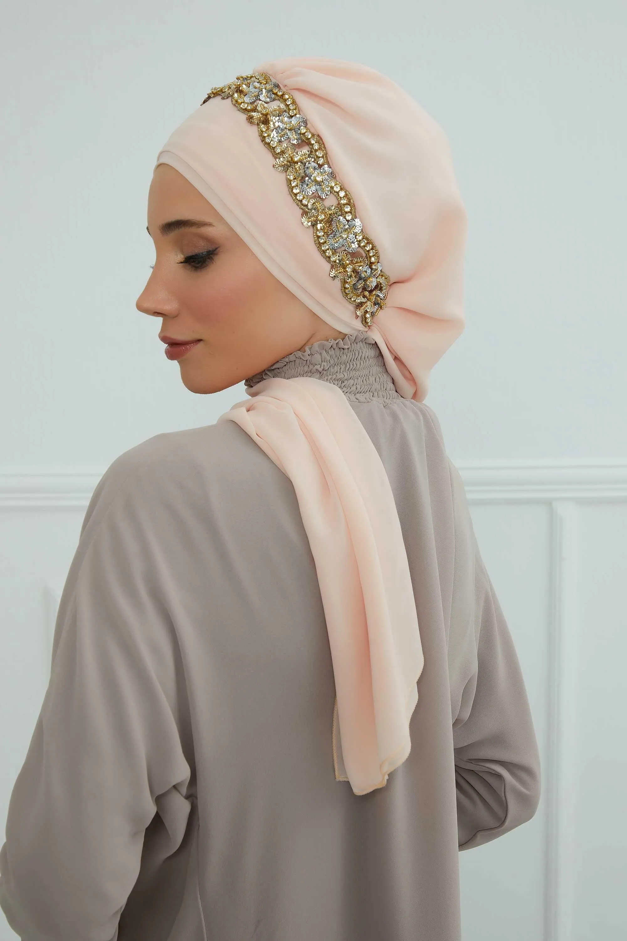 Glamorous Chiffon Instant Turban with Gold & Silver Embellishments, Wedding Instant Turban with Sparkling Headband for Special Events,HT-101