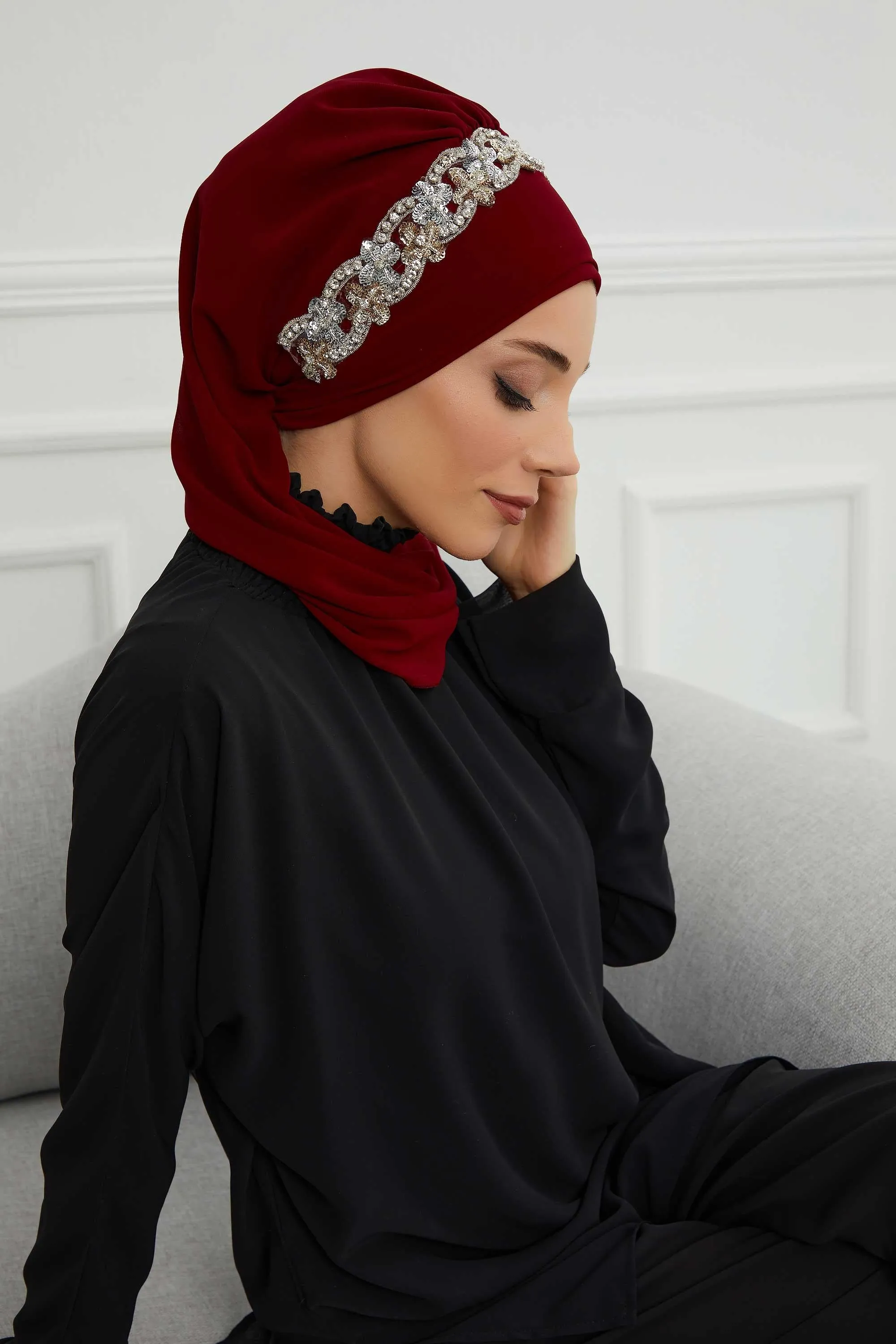 Glamorous Chiffon Instant Turban with Gold & Silver Embellishments, Wedding Instant Turban with Sparkling Headband for Special Events,HT-101