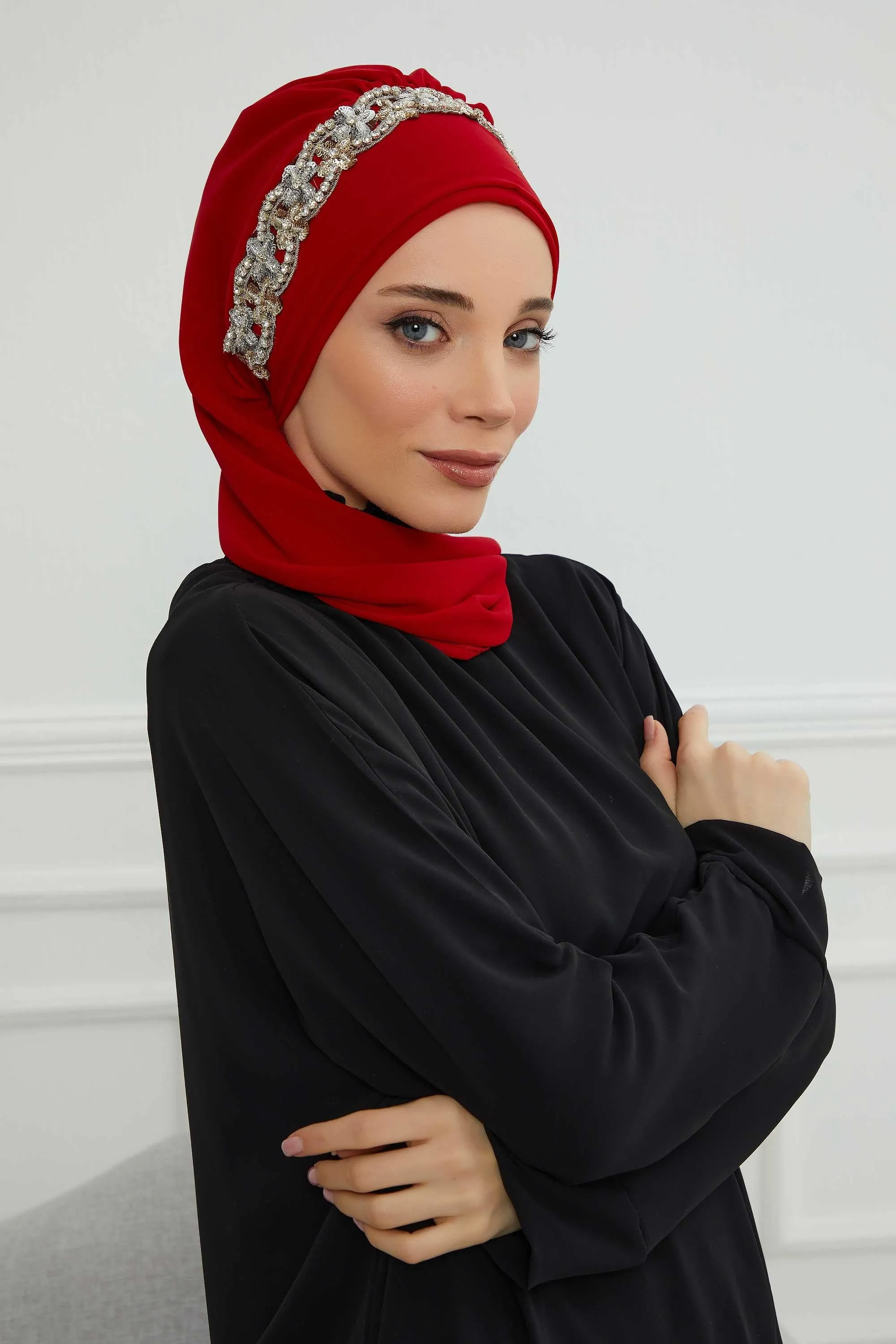 Glamorous Chiffon Instant Turban with Gold & Silver Embellishments, Wedding Instant Turban with Sparkling Headband for Special Events,HT-101