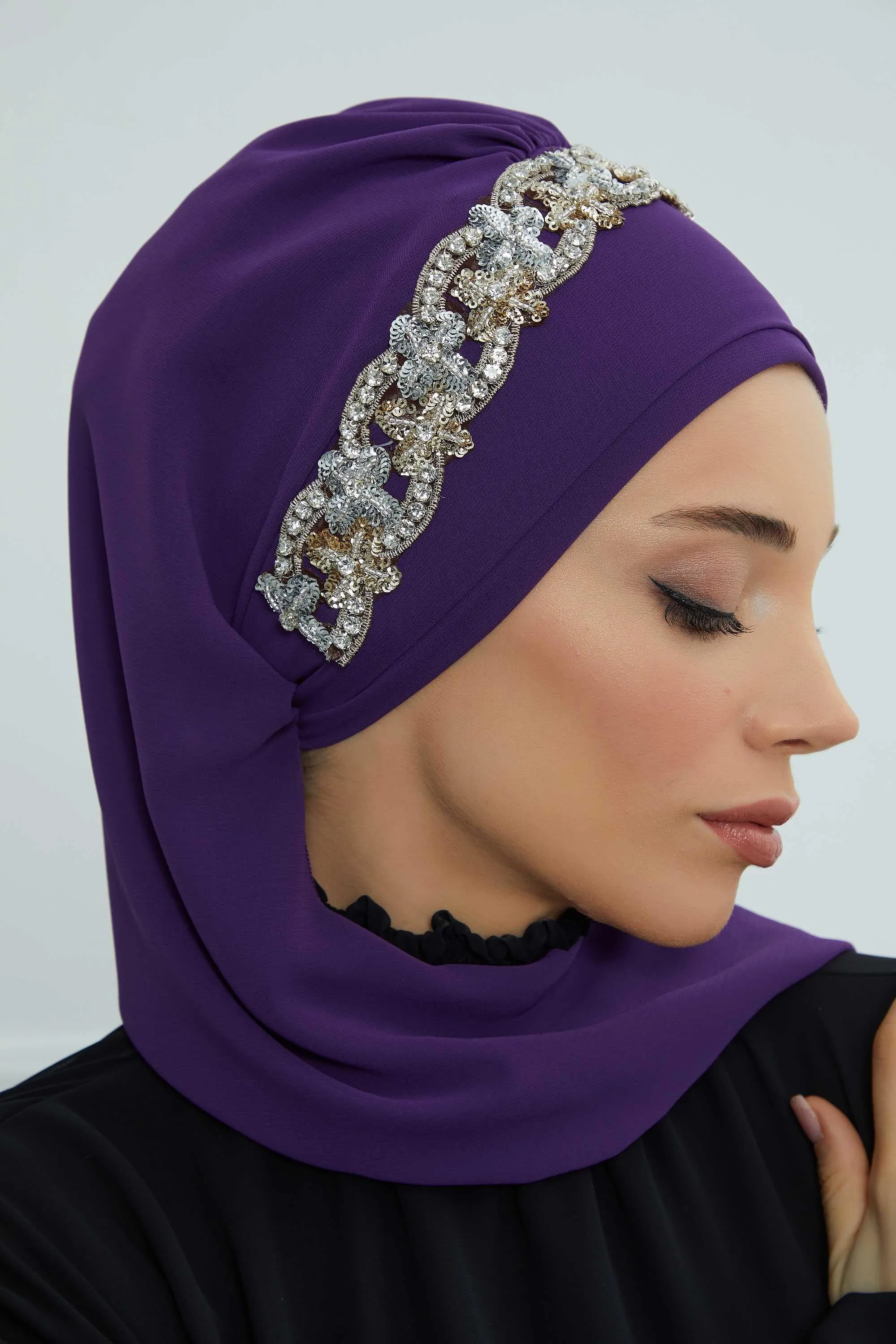 Glamorous Chiffon Instant Turban with Gold & Silver Embellishments, Wedding Instant Turban with Sparkling Headband for Special Events,HT-101
