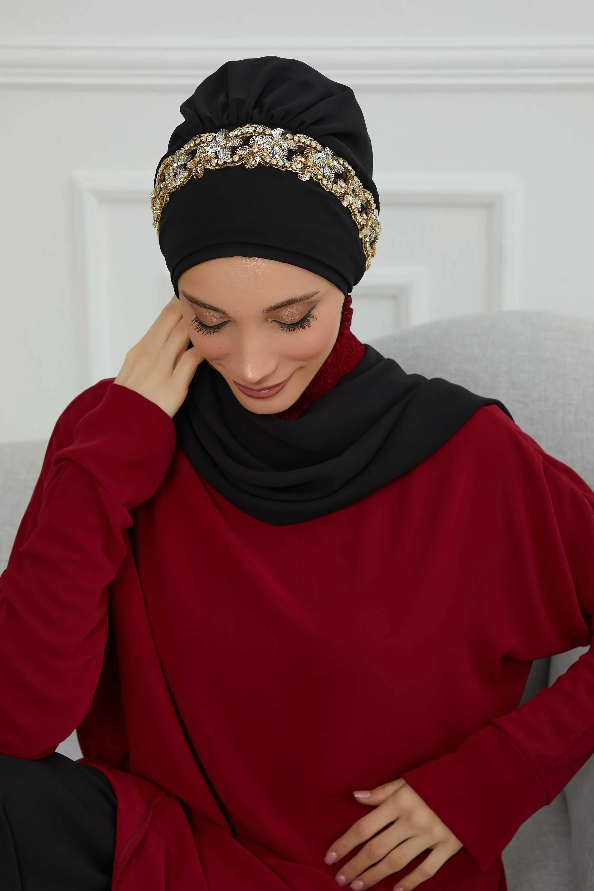 Glamorous Chiffon Instant Turban with Gold & Silver Embellishments, Wedding Instant Turban with Sparkling Headband for Special Events,HT-101