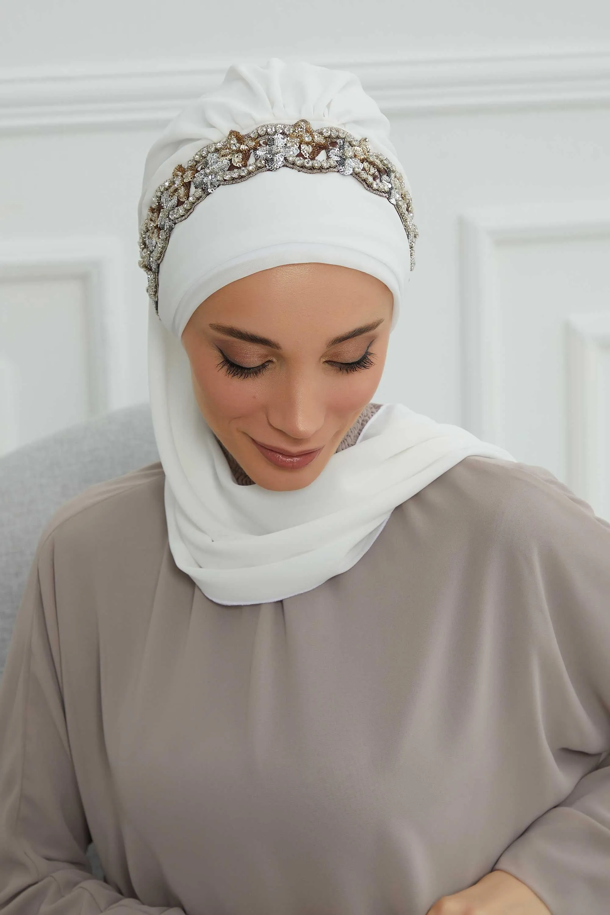 Glamorous Chiffon Instant Turban with Gold & Silver Embellishments, Wedding Instant Turban with Sparkling Headband for Special Events,HT-101
