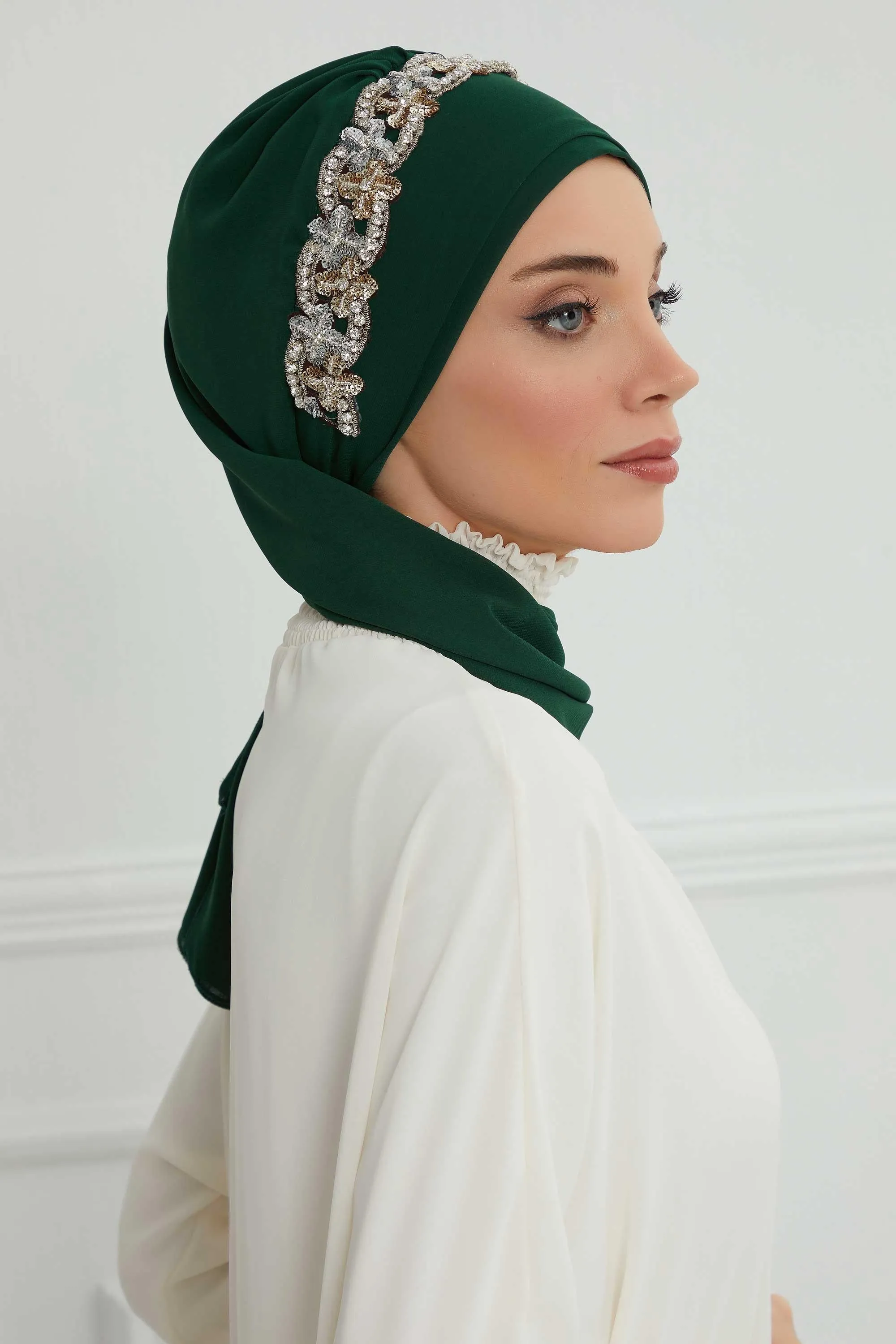 Glamorous Chiffon Instant Turban with Gold & Silver Embellishments, Wedding Instant Turban with Sparkling Headband for Special Events,HT-101