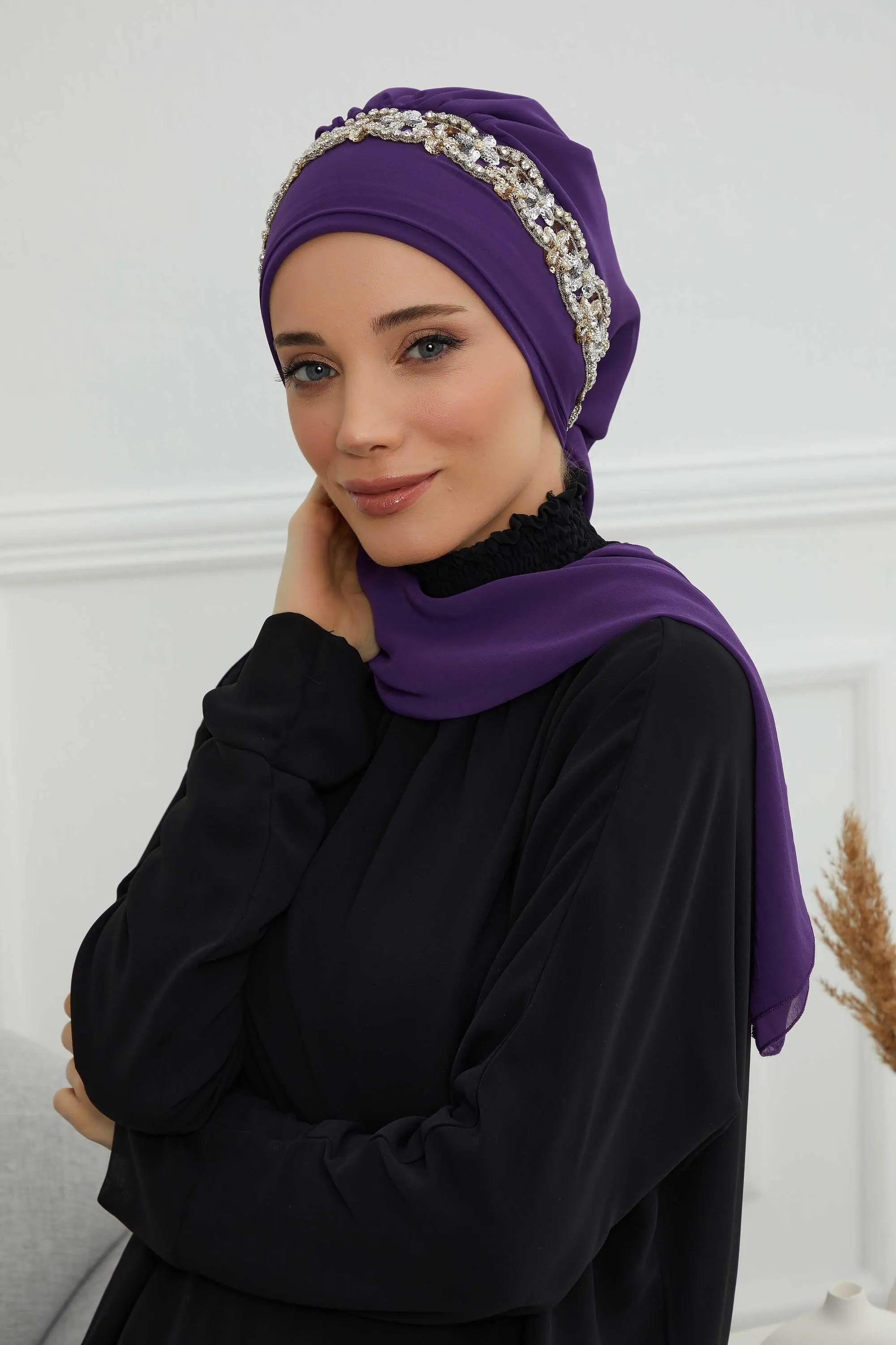 Glamorous Chiffon Instant Turban with Gold & Silver Embellishments, Wedding Instant Turban with Sparkling Headband for Special Events,HT-101
