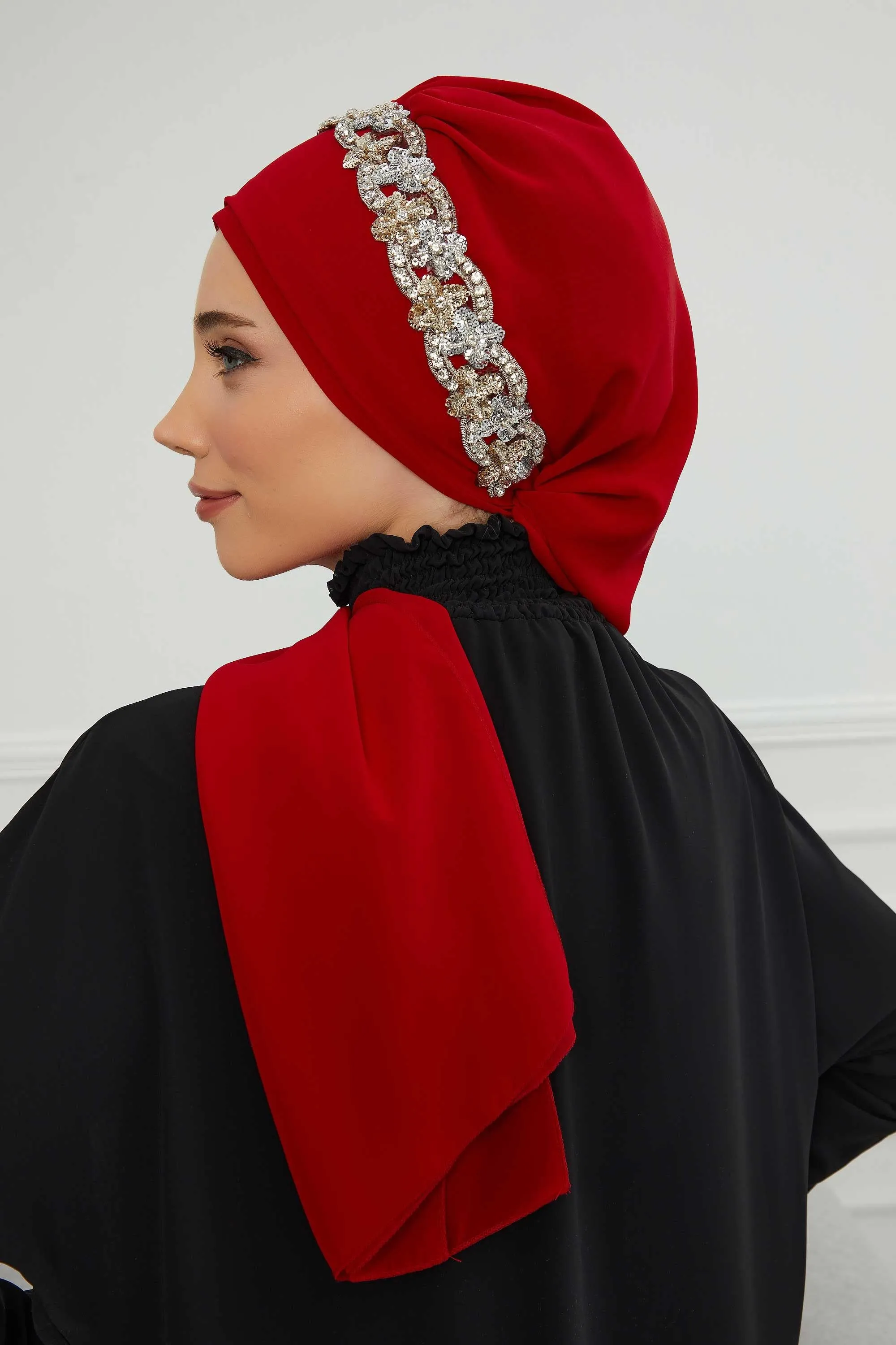 Glamorous Chiffon Instant Turban with Gold & Silver Embellishments, Wedding Instant Turban with Sparkling Headband for Special Events,HT-101