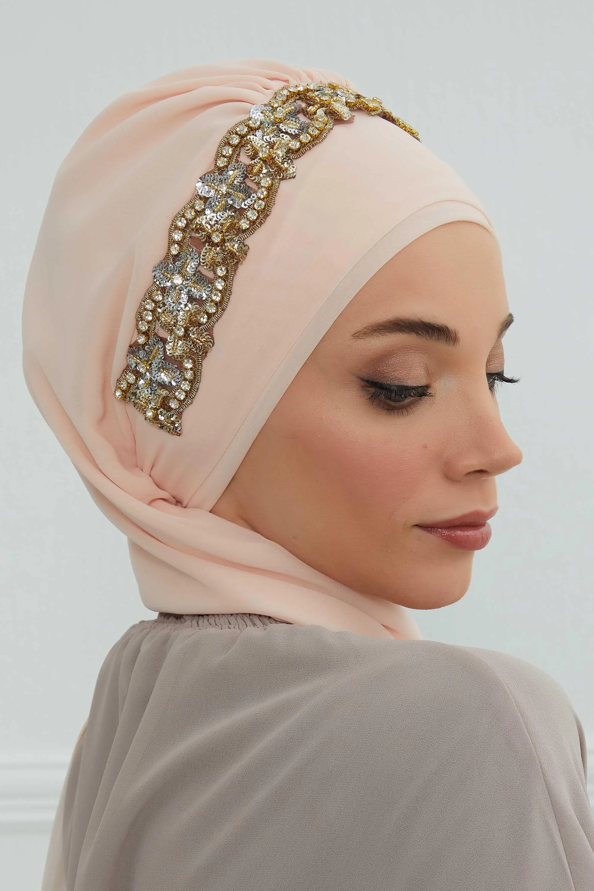 Glamorous Chiffon Instant Turban with Gold & Silver Embellishments, Wedding Instant Turban with Sparkling Headband for Special Events,HT-101