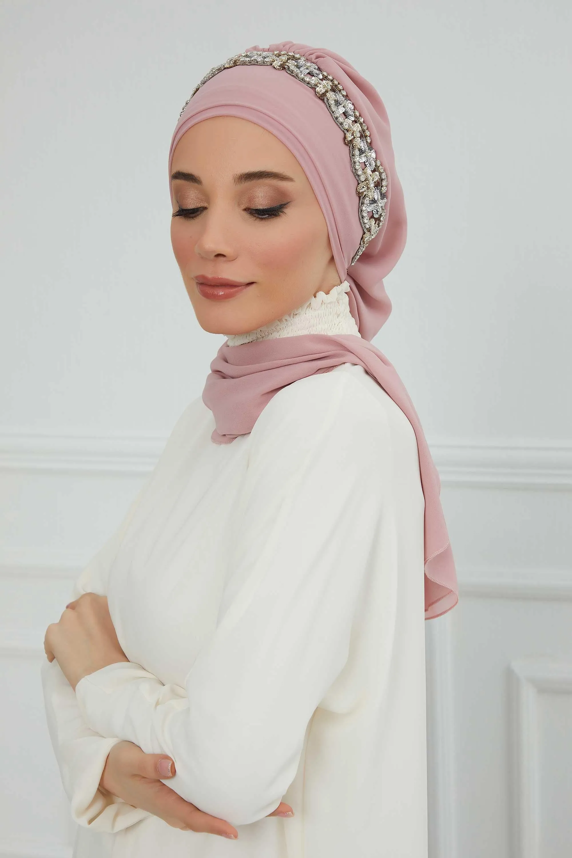 Glamorous Chiffon Instant Turban with Gold & Silver Embellishments, Wedding Instant Turban with Sparkling Headband for Special Events,HT-101