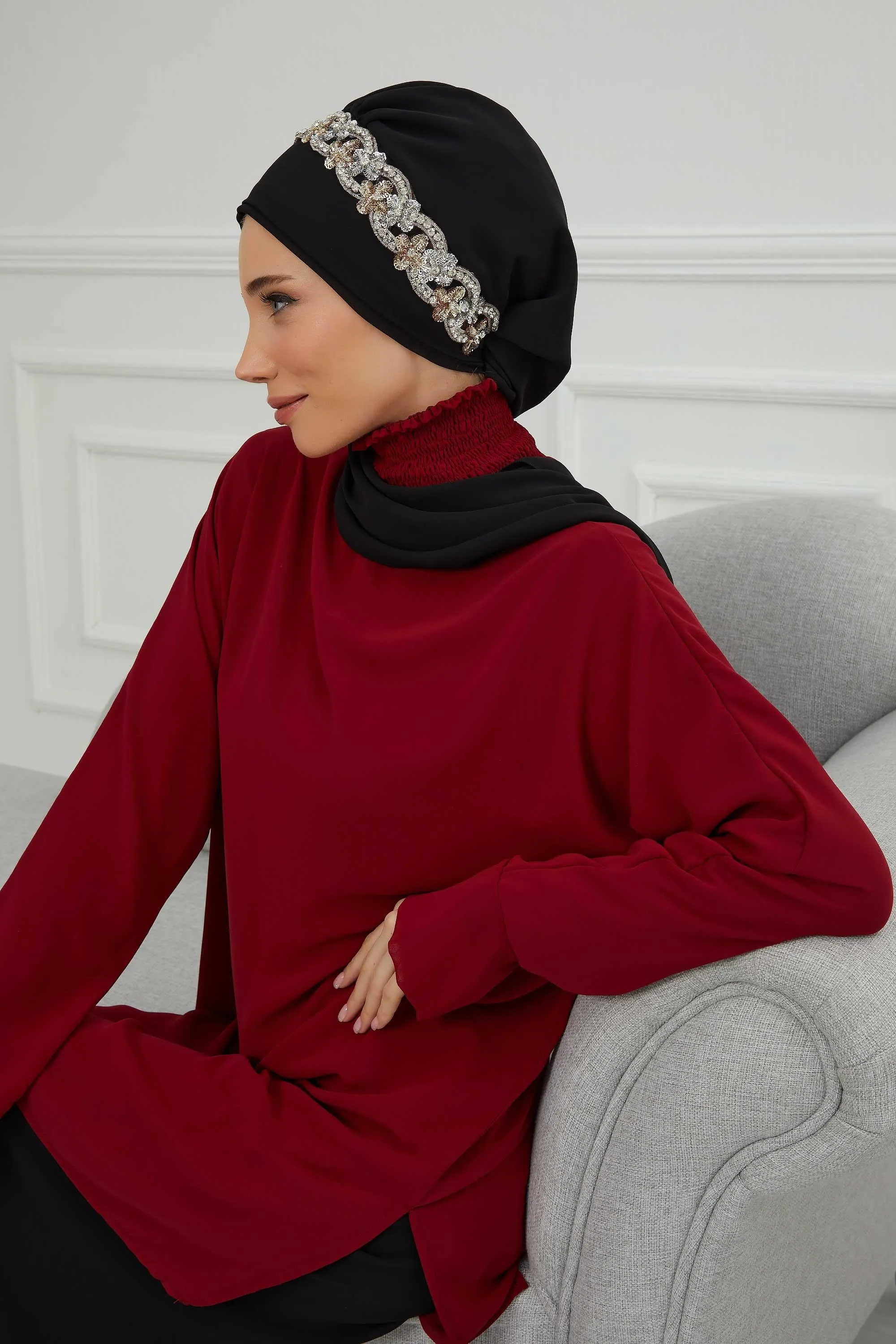 Glamorous Chiffon Instant Turban with Gold & Silver Embellishments, Wedding Instant Turban with Sparkling Headband for Special Events,HT-101