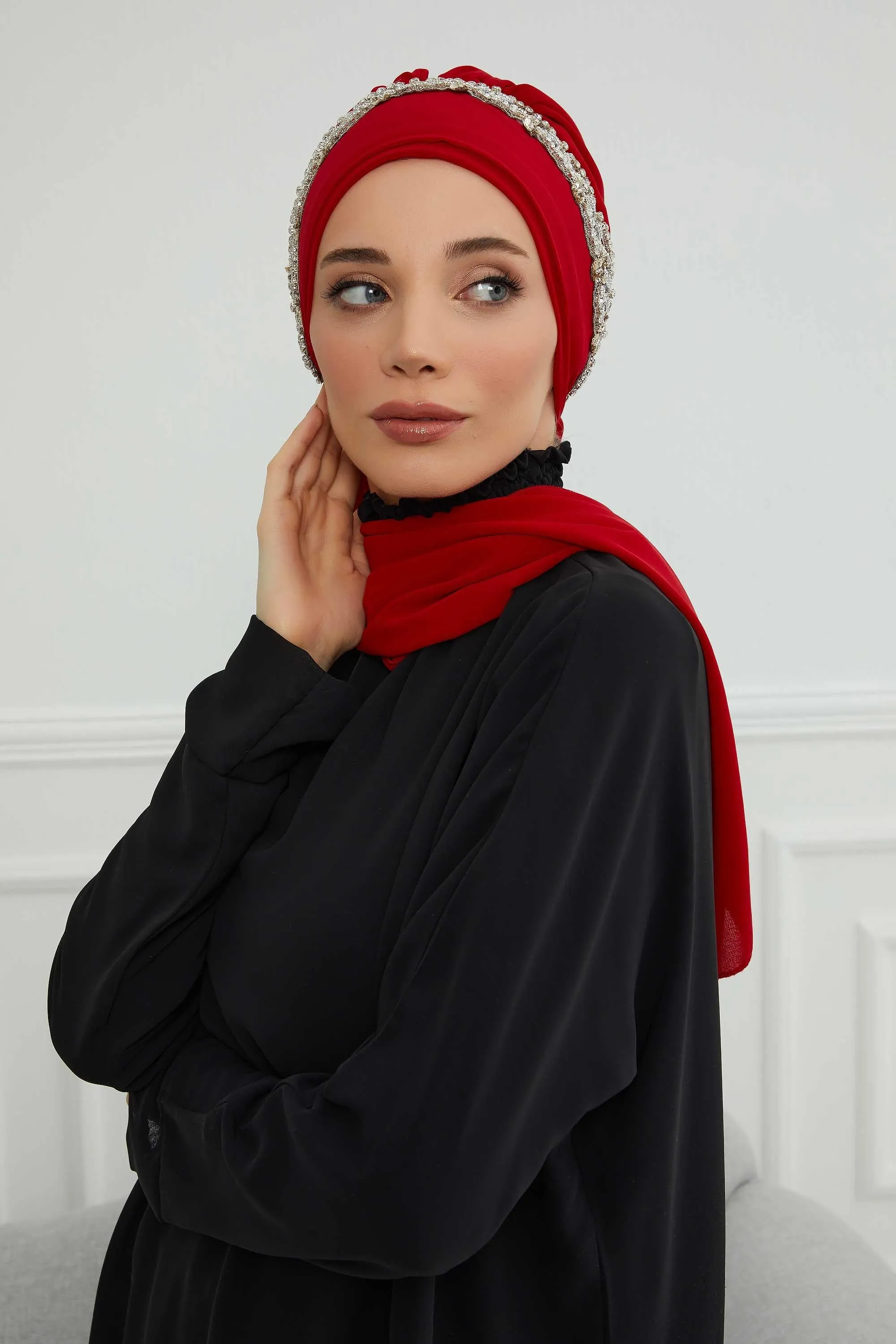 Glamorous Chiffon Instant Turban with Gold & Silver Embellishments, Wedding Instant Turban with Sparkling Headband for Special Events,HT-101