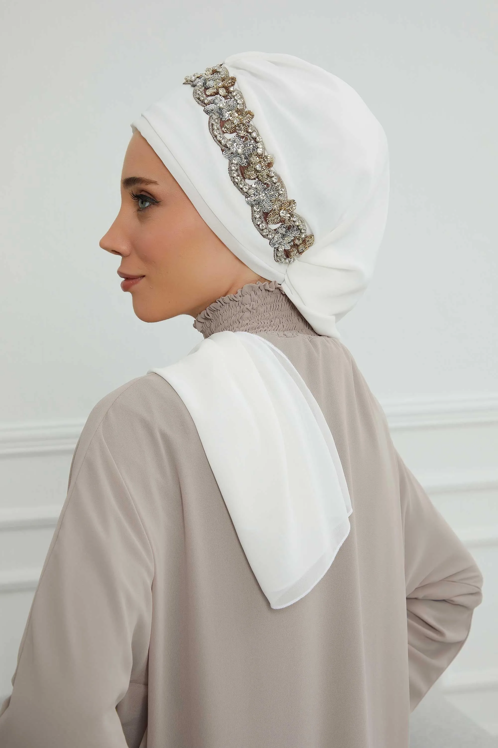 Glamorous Chiffon Instant Turban with Gold & Silver Embellishments, Wedding Instant Turban with Sparkling Headband for Special Events,HT-101