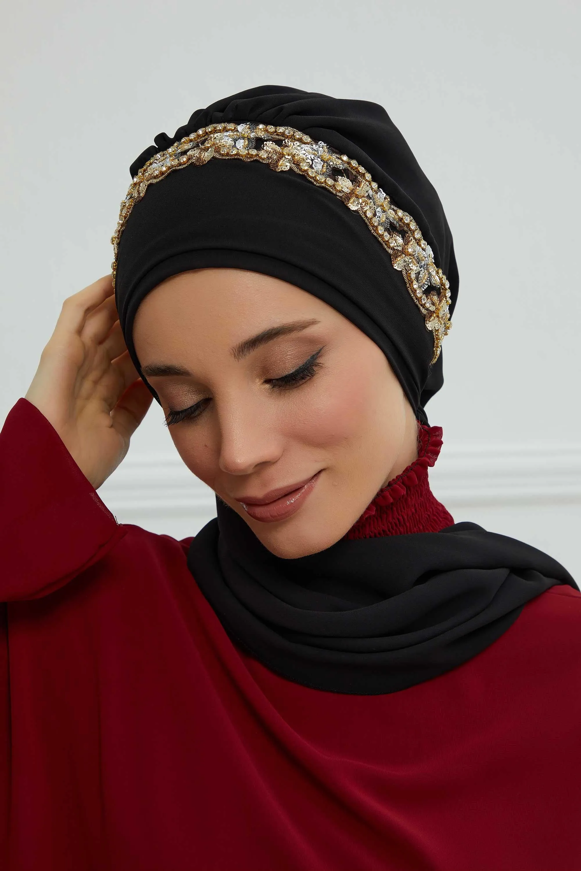 Glamorous Chiffon Instant Turban with Gold & Silver Embellishments, Wedding Instant Turban with Sparkling Headband for Special Events,HT-101
