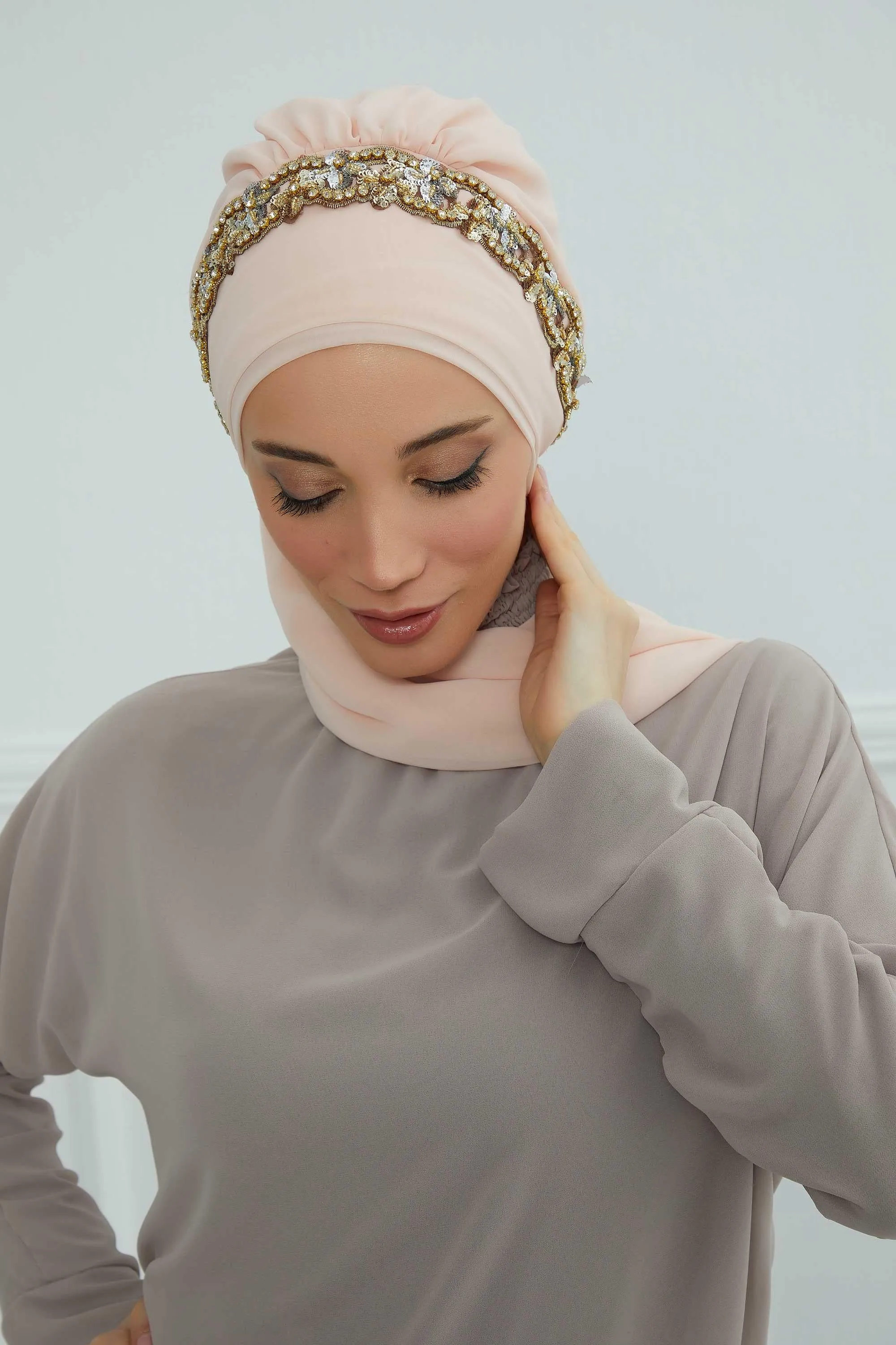 Glamorous Chiffon Instant Turban with Gold & Silver Embellishments, Wedding Instant Turban with Sparkling Headband for Special Events,HT-101