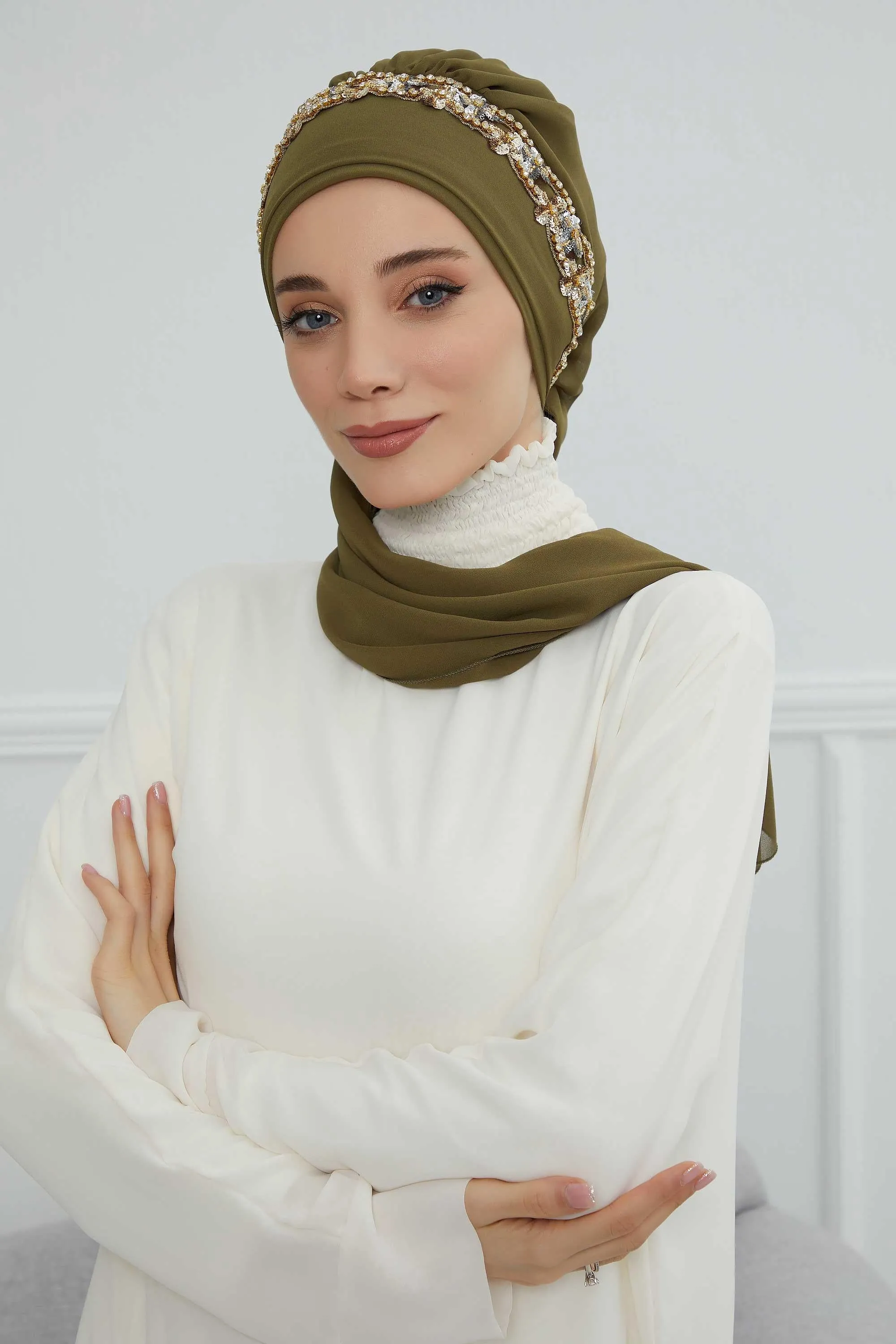 Glamorous Chiffon Instant Turban with Gold & Silver Embellishments, Wedding Instant Turban with Sparkling Headband for Special Events,HT-101