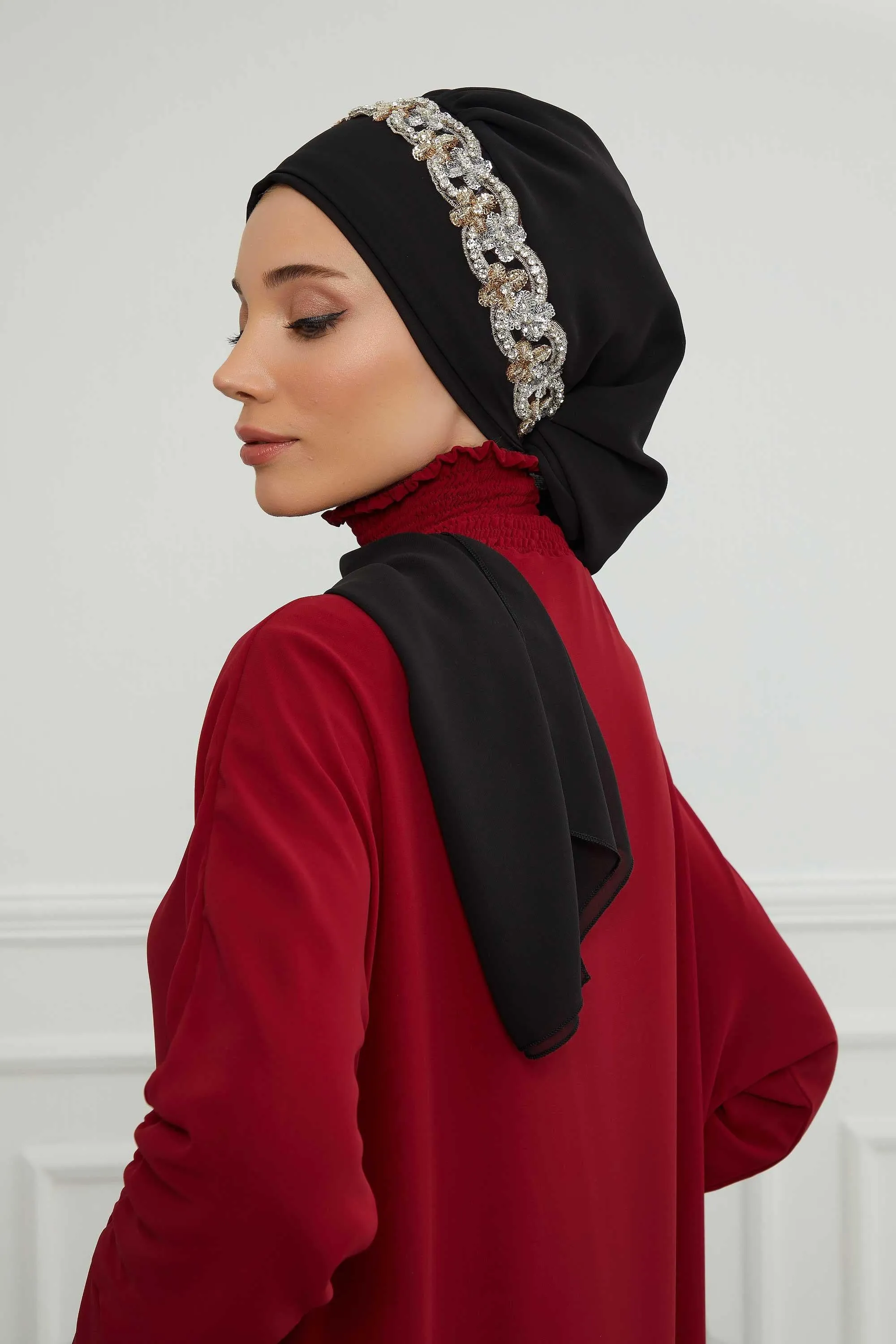 Glamorous Chiffon Instant Turban with Gold & Silver Embellishments, Wedding Instant Turban with Sparkling Headband for Special Events,HT-101