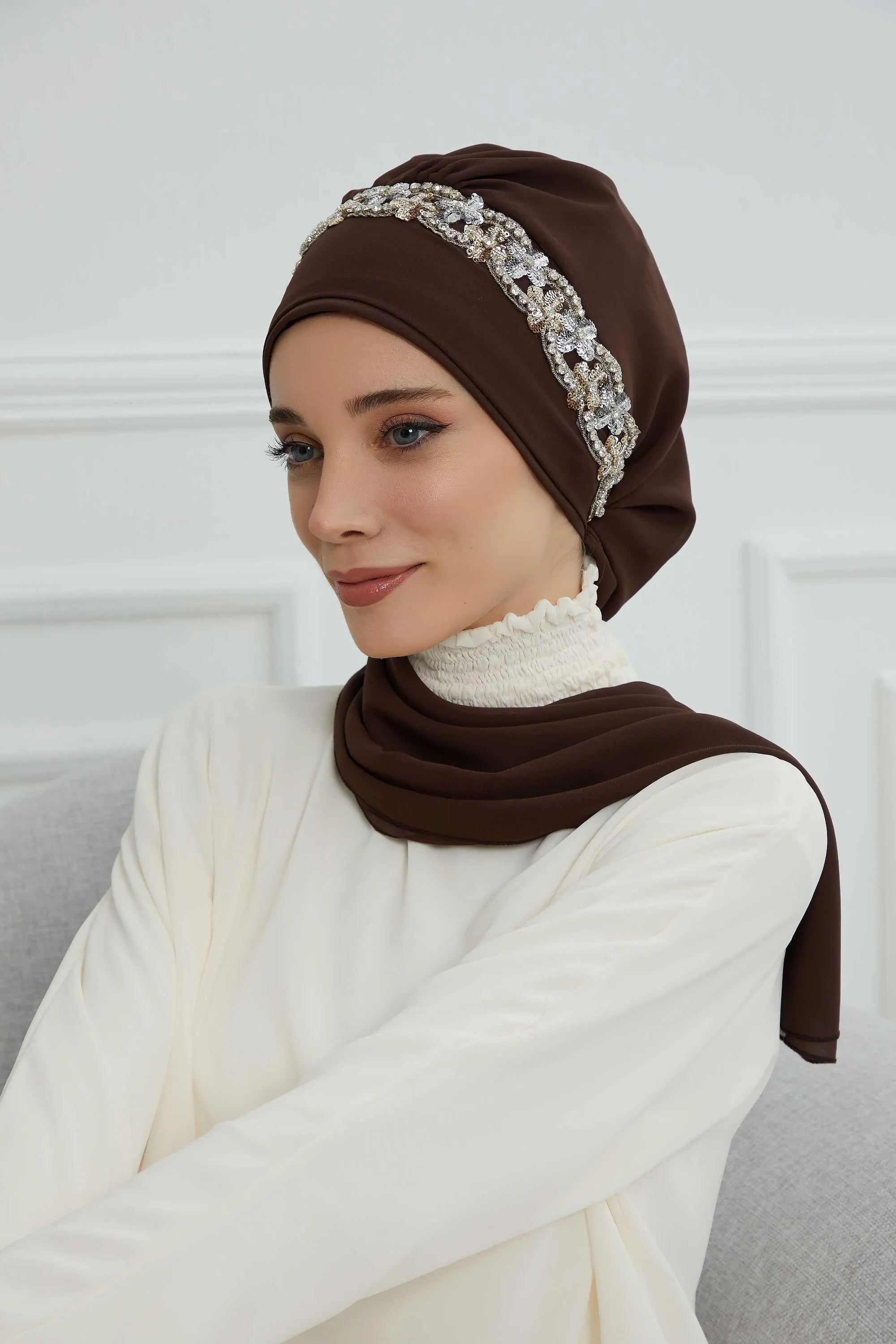 Glamorous Chiffon Instant Turban with Gold & Silver Embellishments, Wedding Instant Turban with Sparkling Headband for Special Events,HT-101