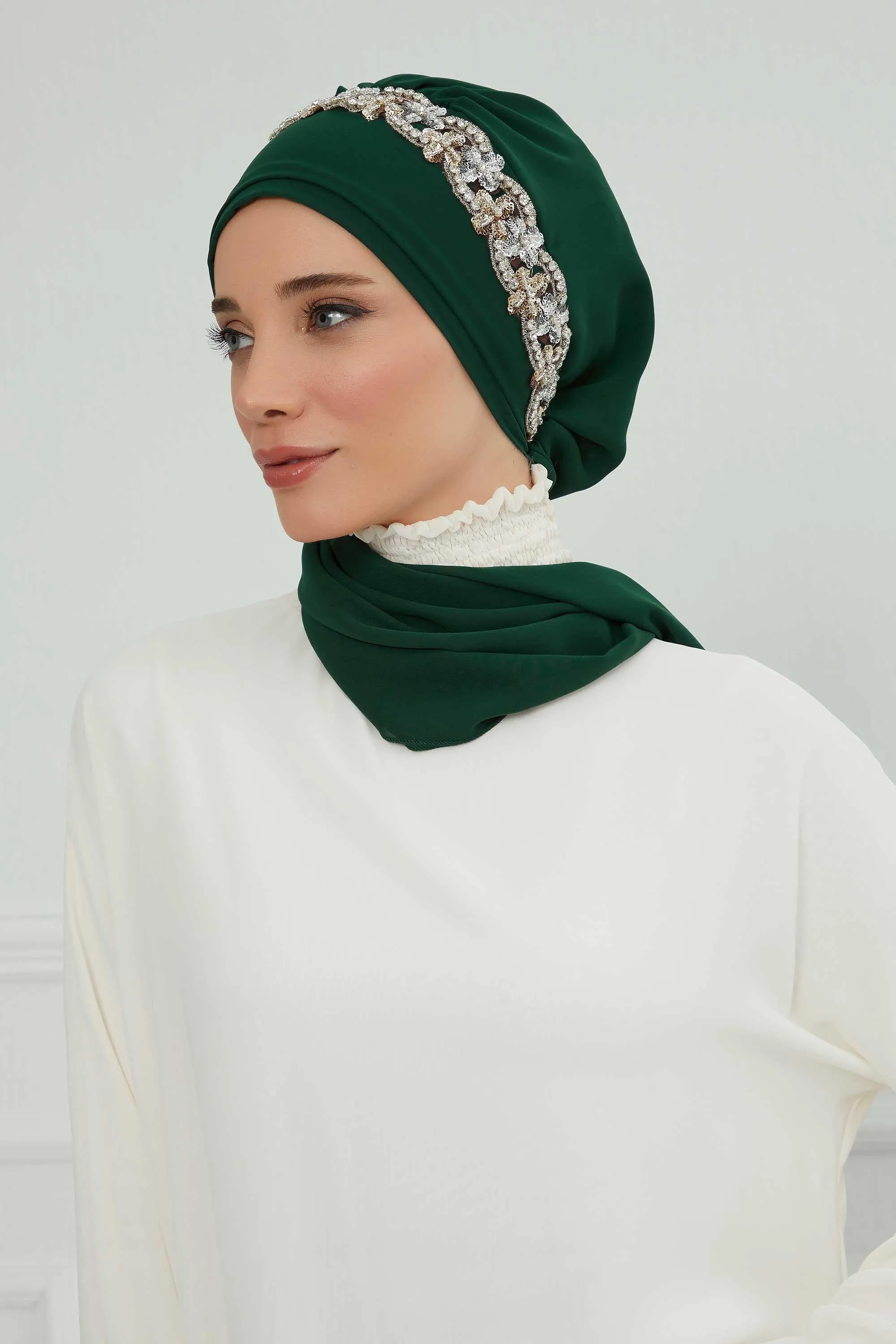 Glamorous Chiffon Instant Turban with Gold & Silver Embellishments, Wedding Instant Turban with Sparkling Headband for Special Events,HT-101