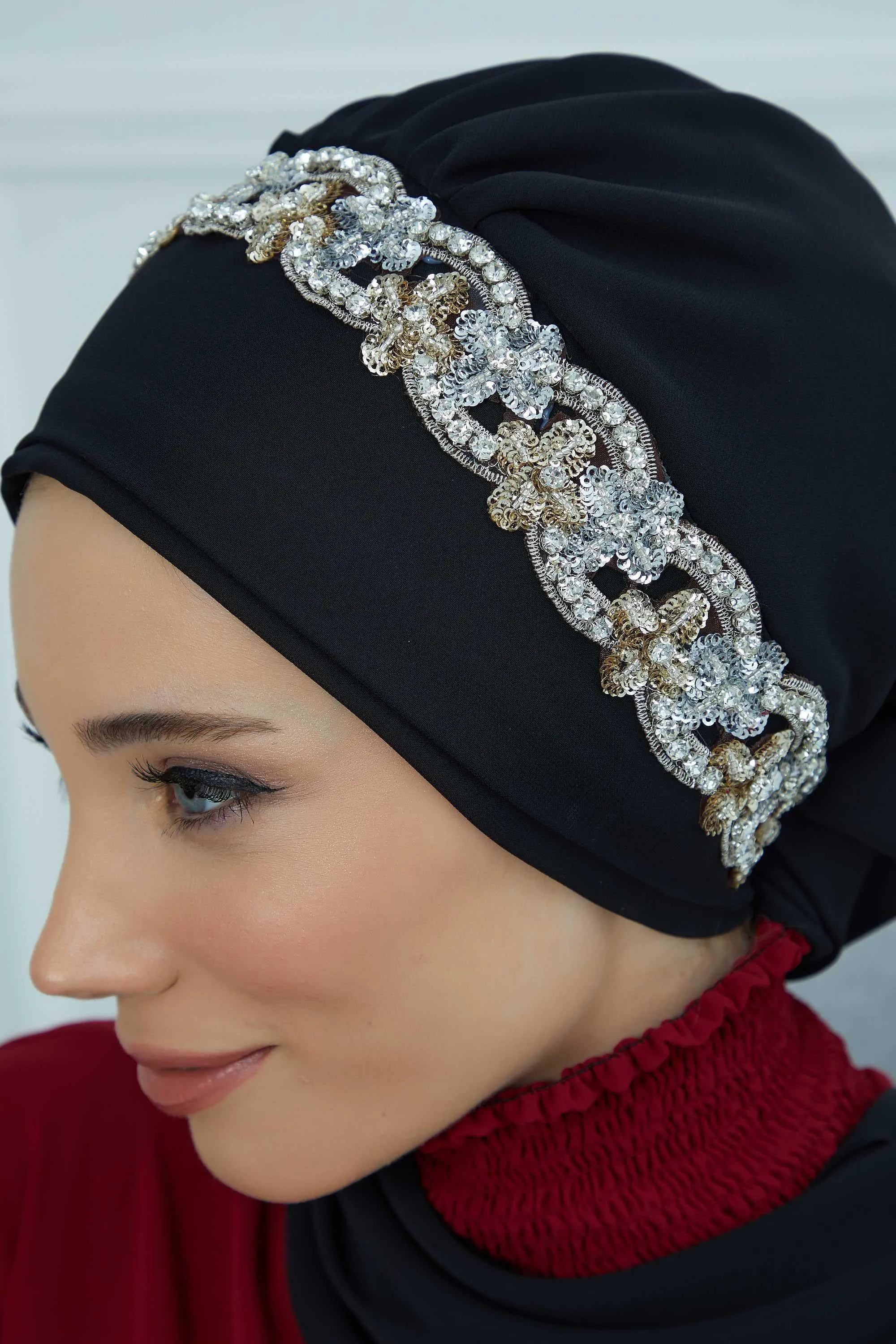Glamorous Chiffon Instant Turban with Gold & Silver Embellishments, Wedding Instant Turban with Sparkling Headband for Special Events,HT-101