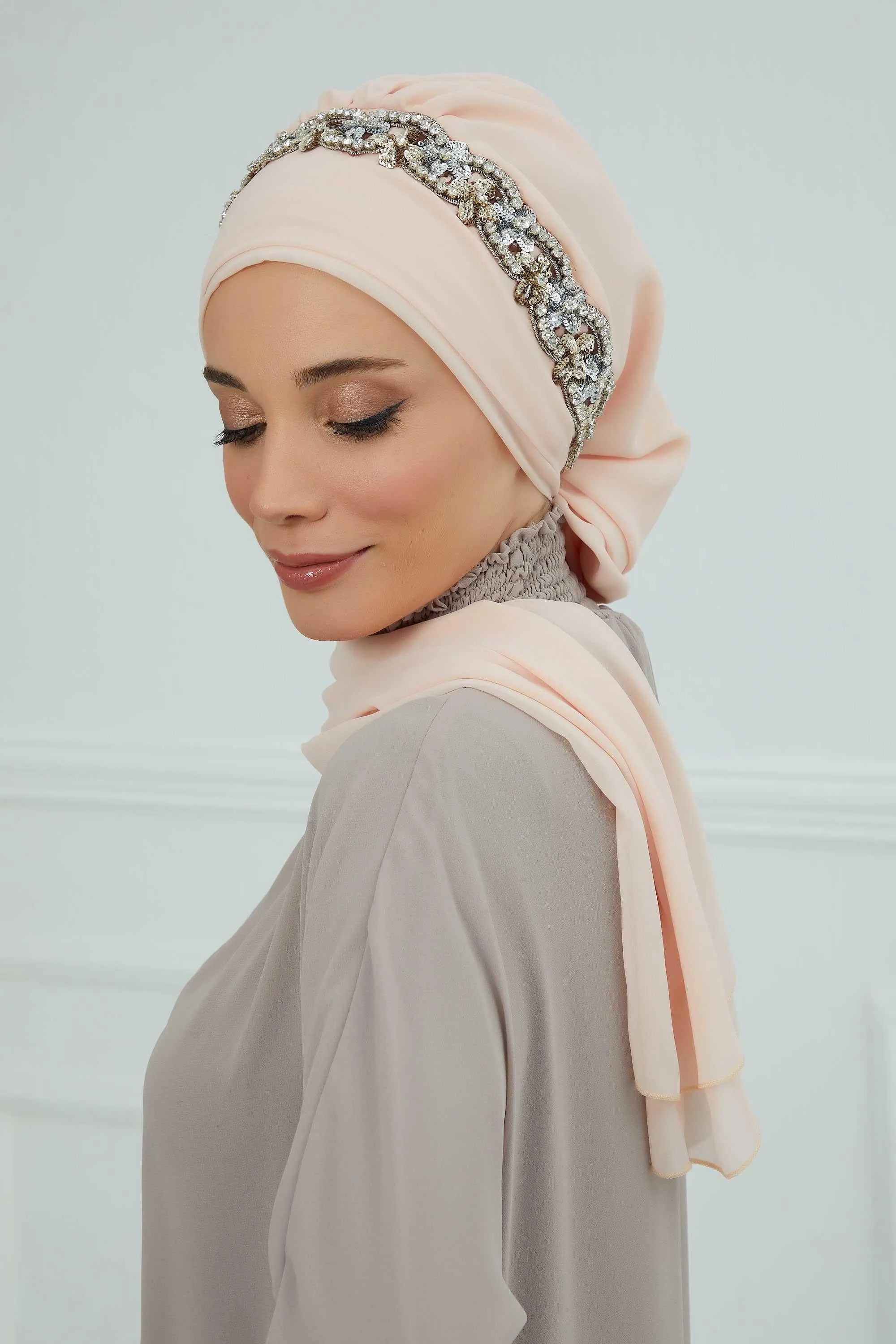 Glamorous Chiffon Instant Turban with Gold & Silver Embellishments, Wedding Instant Turban with Sparkling Headband for Special Events,HT-101
