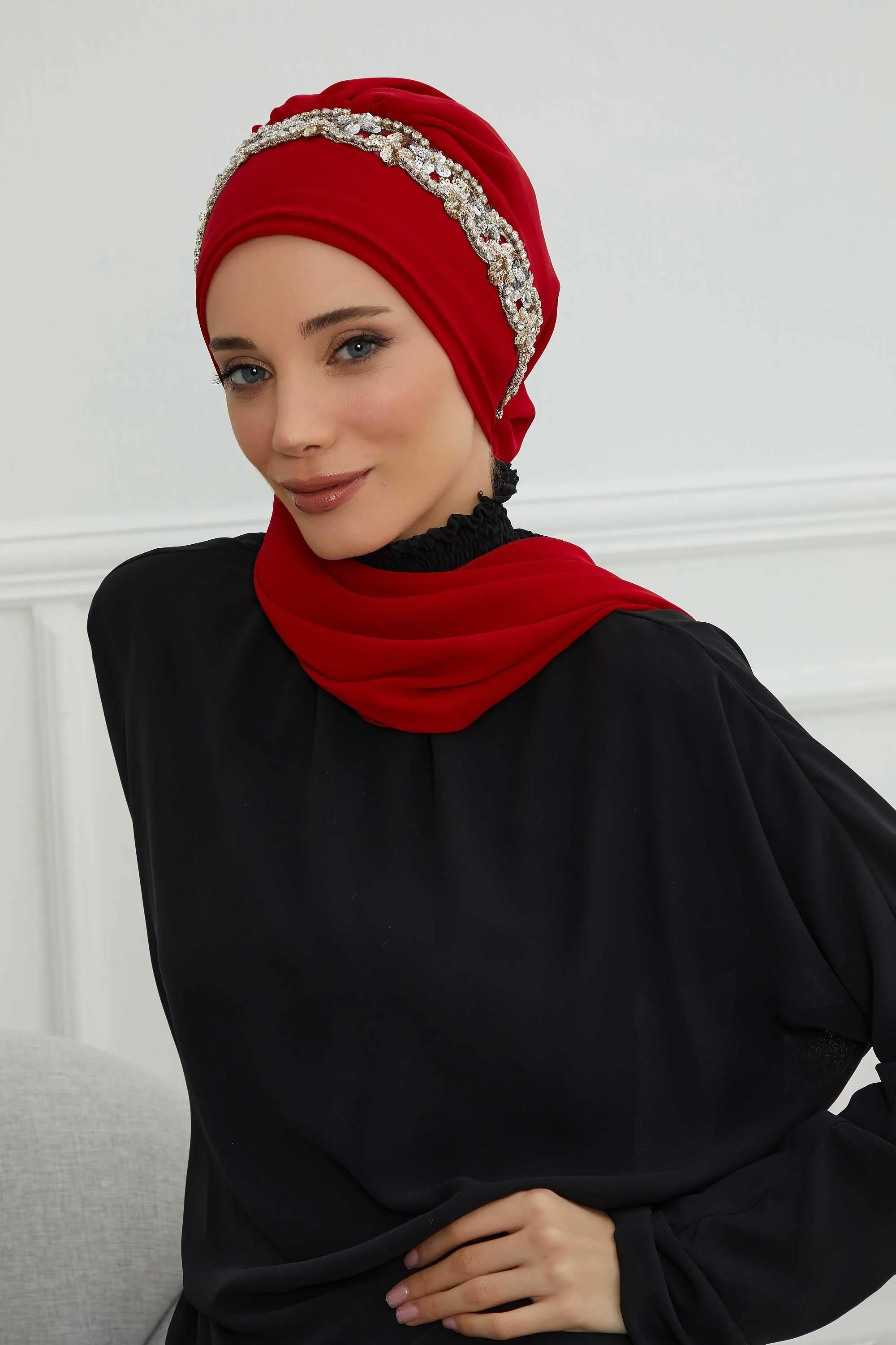 Glamorous Chiffon Instant Turban with Gold & Silver Embellishments, Wedding Instant Turban with Sparkling Headband for Special Events,HT-101